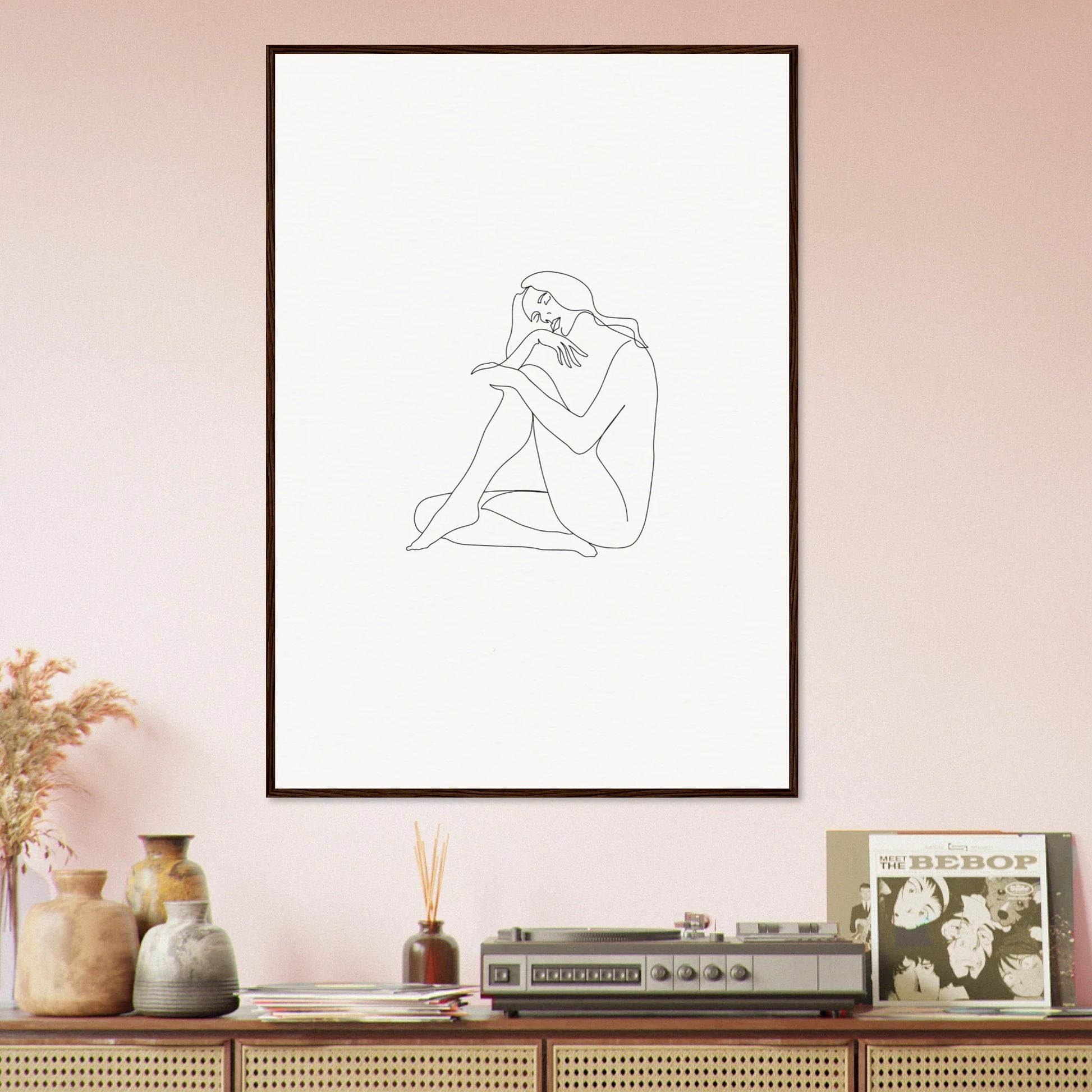 Minimalist line drawing of a seated nude figure from Mindful Dream Tangles framed wall art