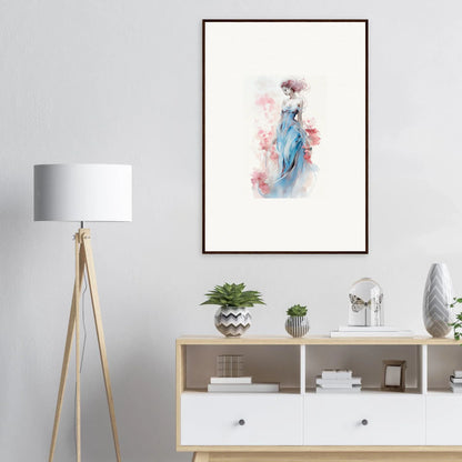 Framed watercolor wall art of a figure in a blue dress with pink flowers, perfect for room decoration