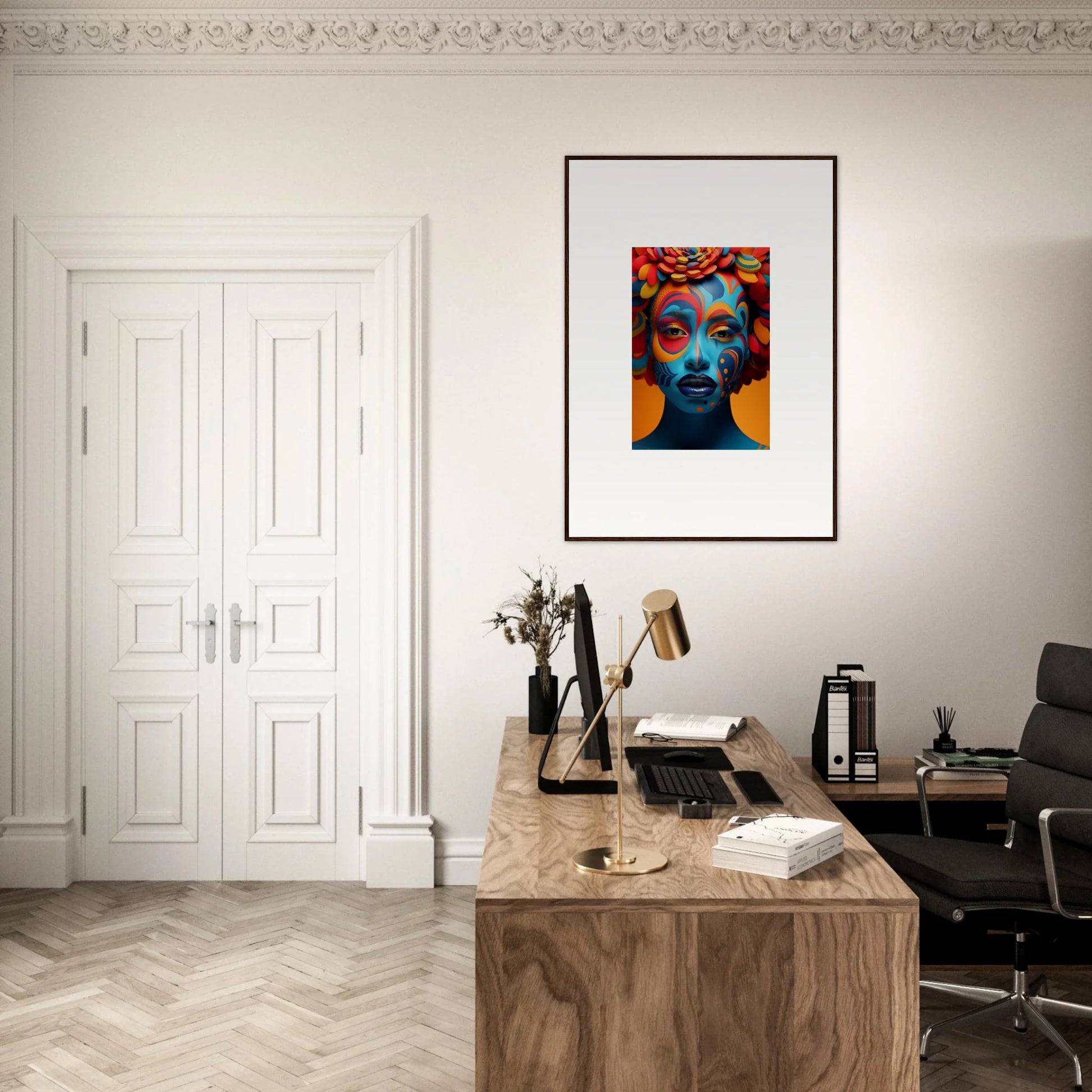Stylish home office with wooden desk and Vivid Visage canvas print for chic room decoration