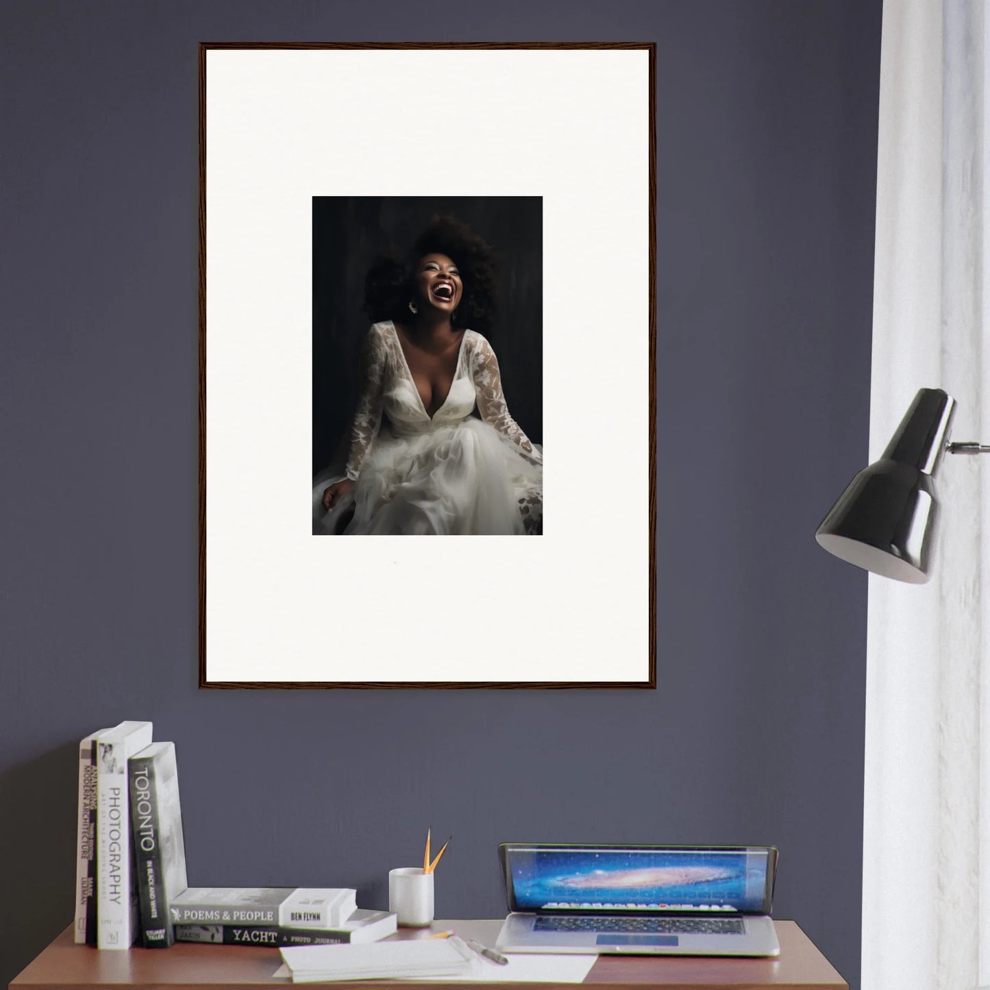 Framed black and white portrait capturing joy in a white dress for Timeless Essence Laughter