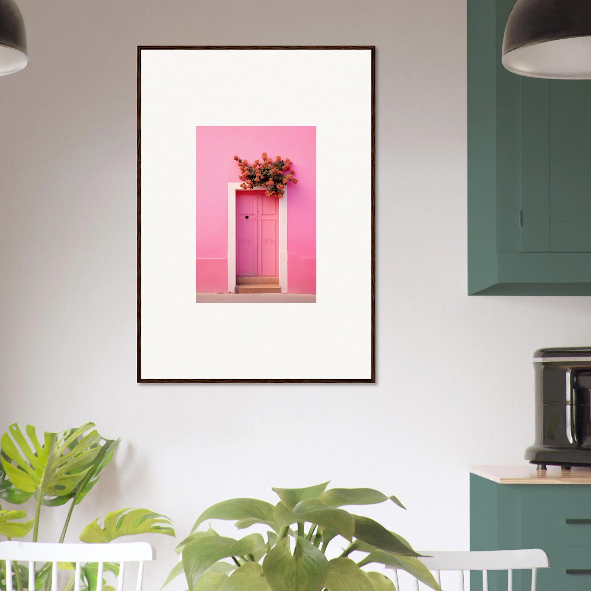 Framed wall art of a pink door with flowers, perfect for Quantum Pink Serenade lovers