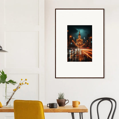 Framed wall art featuring Radiant Urban Reverie of a city street at night with light trails