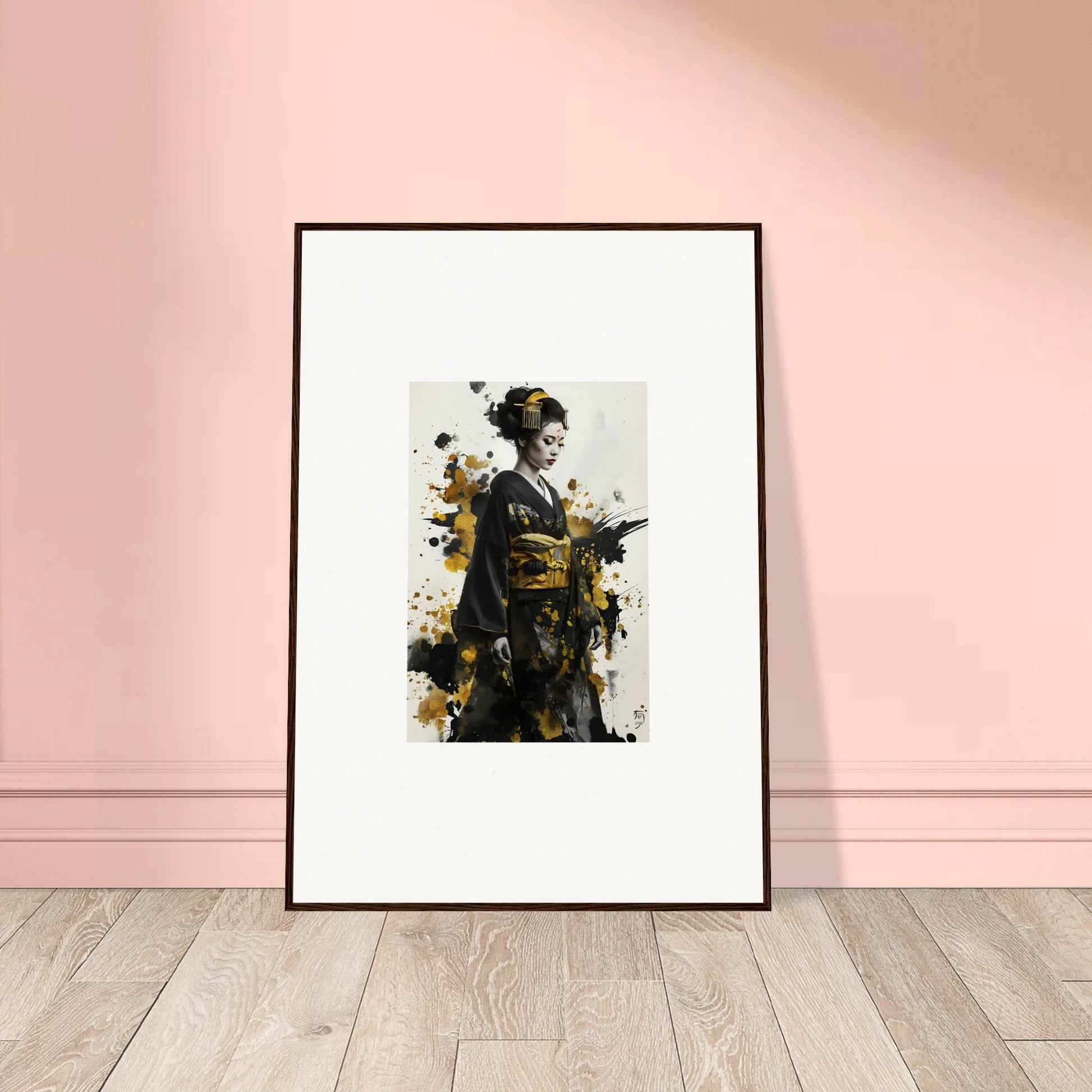 Framed artwork of a geisha in kimono with black and gold splashes for Send of Echoes