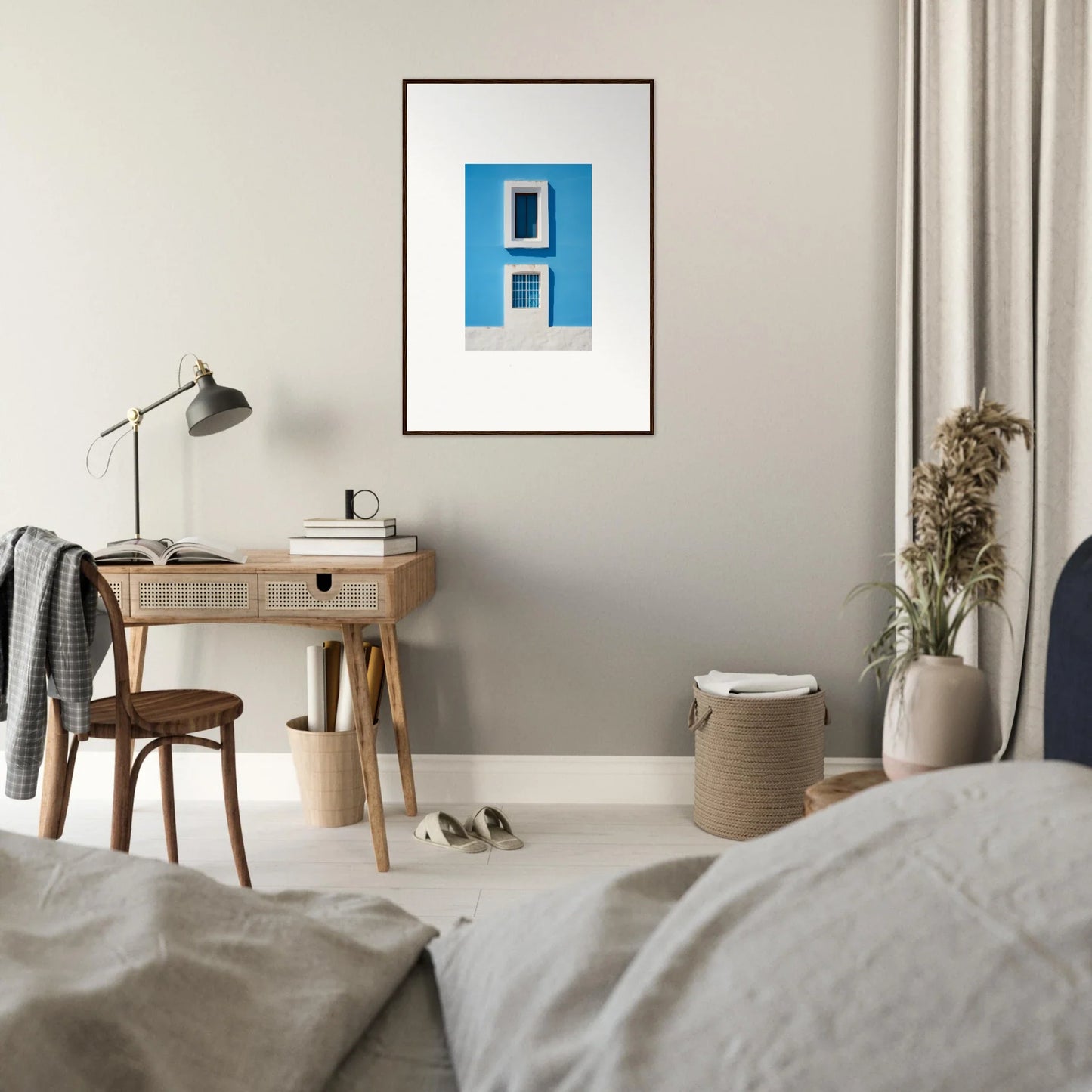 Framed wall art of blue and white windows under a bright sky from Isles Encompassed Vista