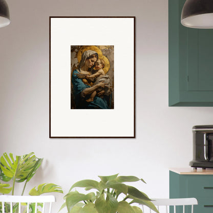 Framed canvas print of Sacred Embrace, featuring a woman holding a child in warm tones