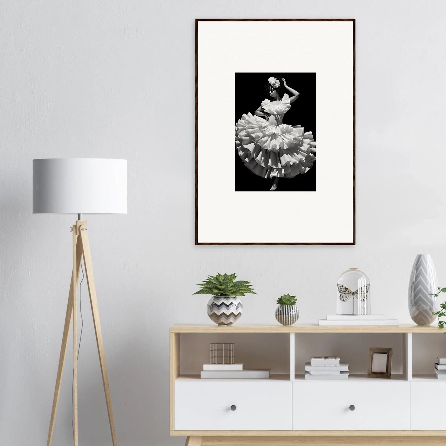 Modern room showcasing Curves Dreamscape Illuminated with black and white ballet art