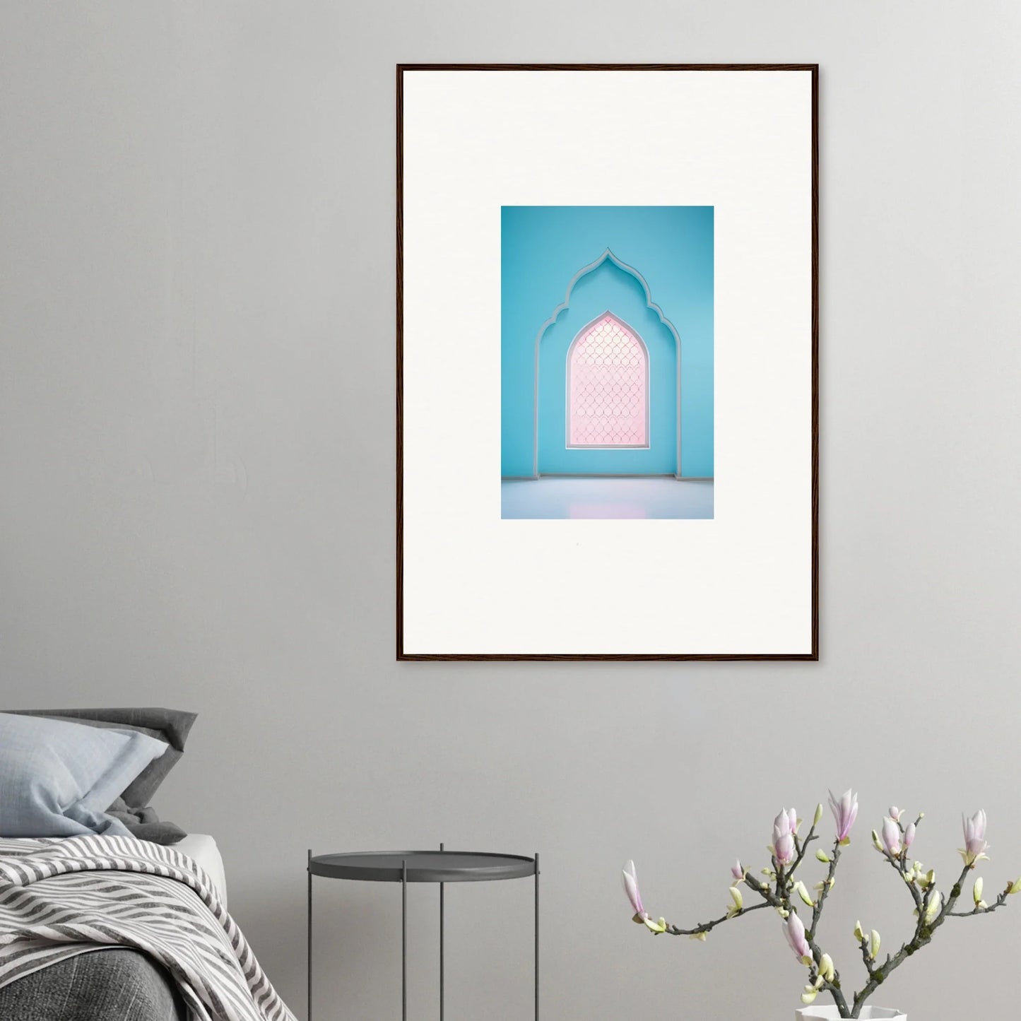 Framed art print of a turquoise archway with pink interior from Souls Diffilveres Critfilters