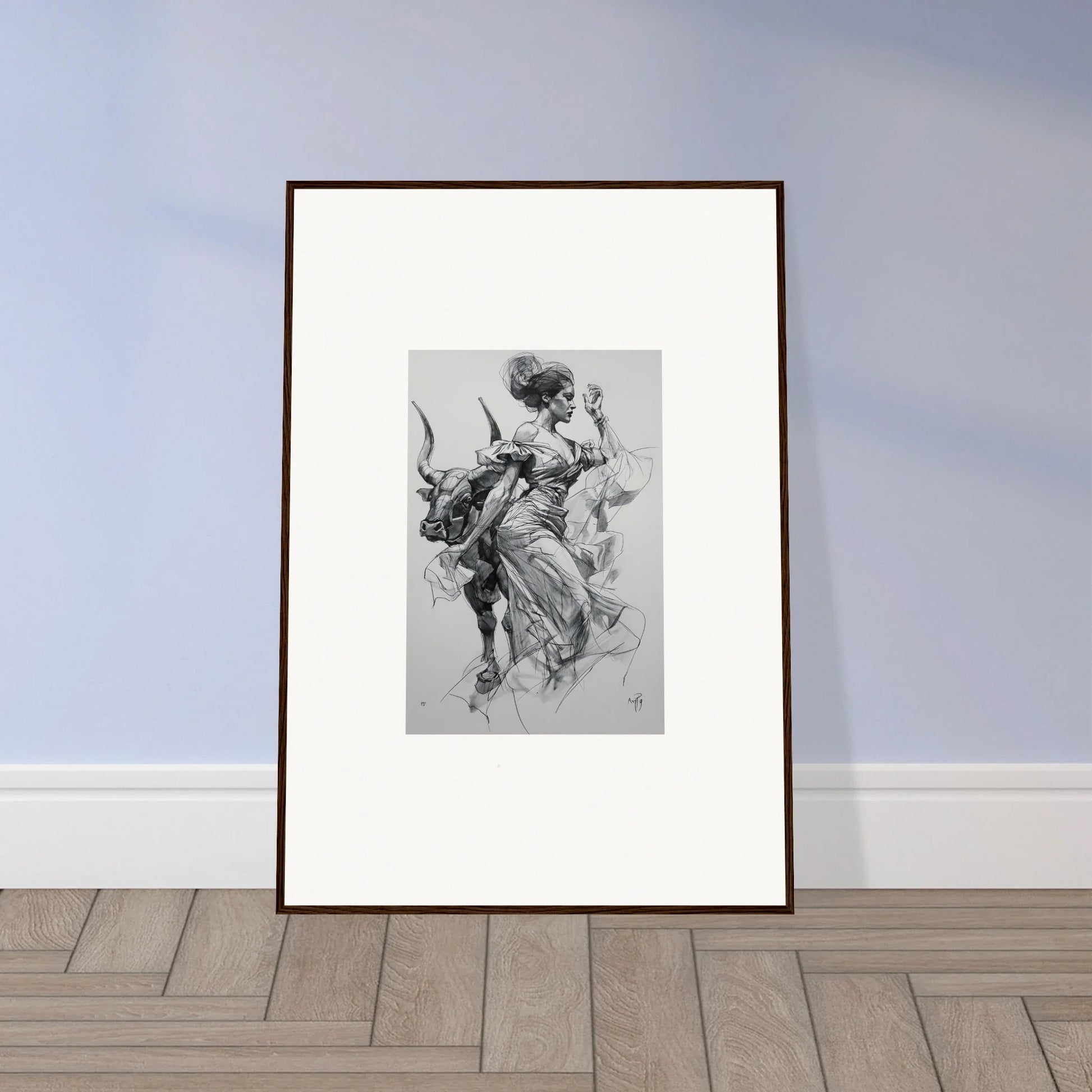 Framed black and white sketch of a classical figure for Sirens’ Veil Matador art