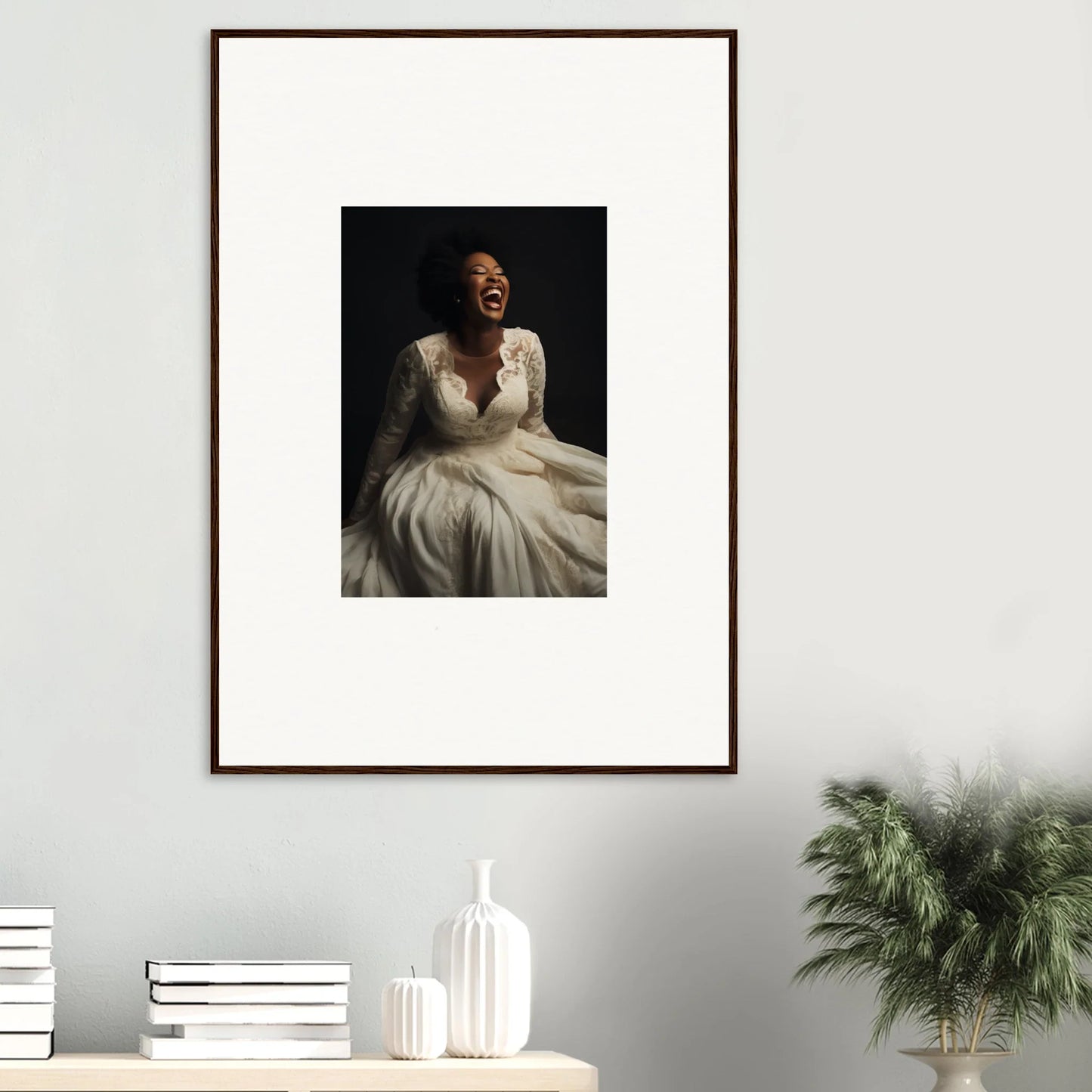 Framed black and white portrait in a white dress showcasing Luminescent Joy Echoes