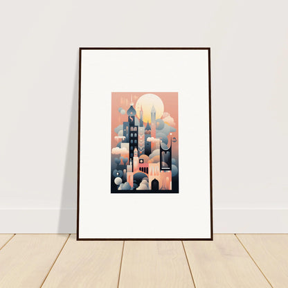 Framed art print of Ephemeral Castle Whispers with a geometric cityscape in pink and blue