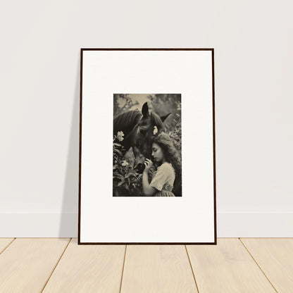 Framed black and white wall art of a woman with a rabbit, perfect for room decoration