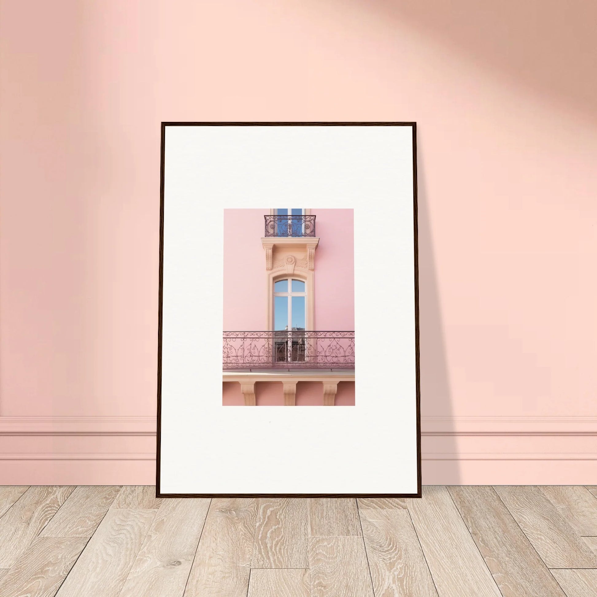 Framed wall art showcasing Dusky Dream Balustrade pink building balcony and window design