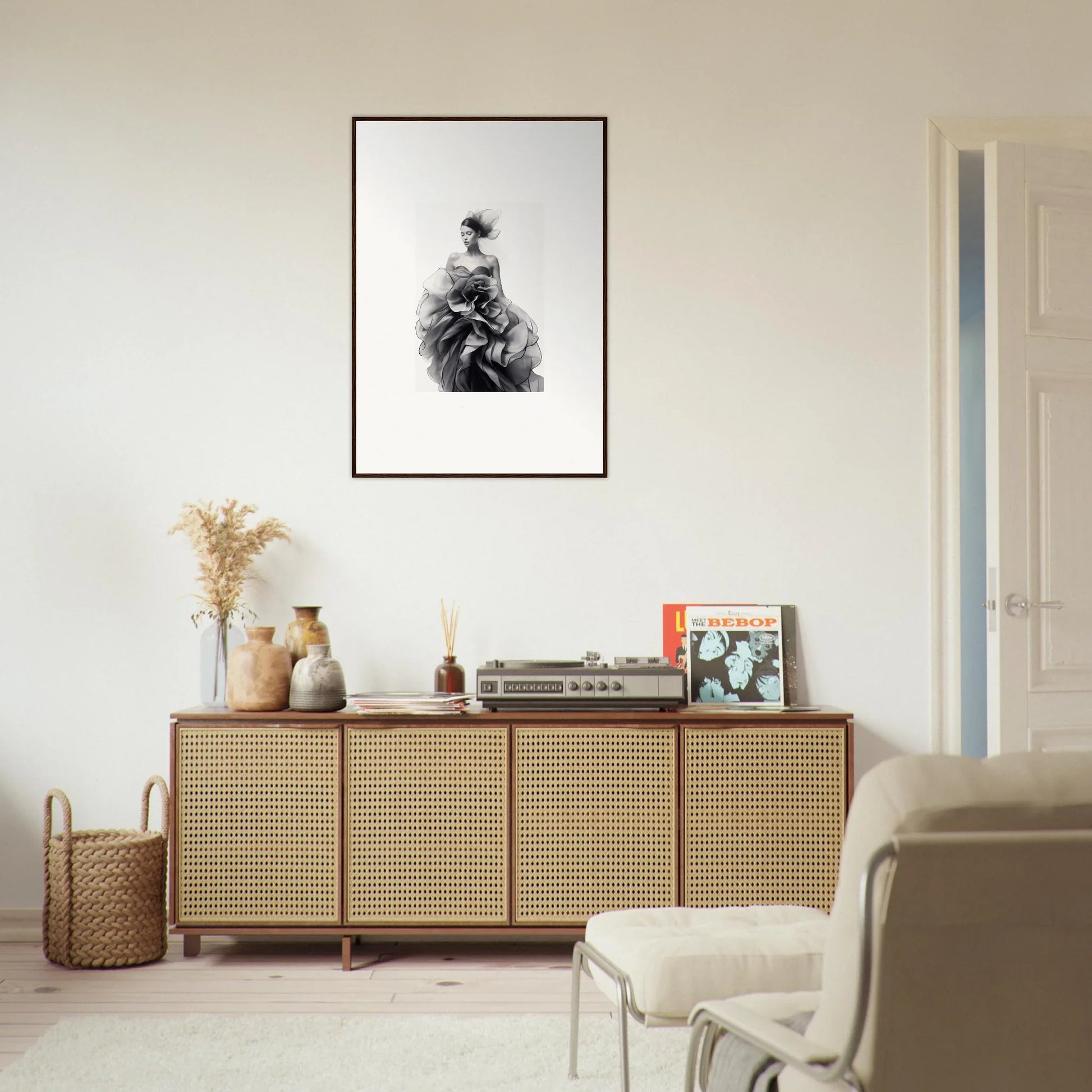 Rattan-fronted wooden credenza from Ephemeral Orchard Whispers special edition art™ collection