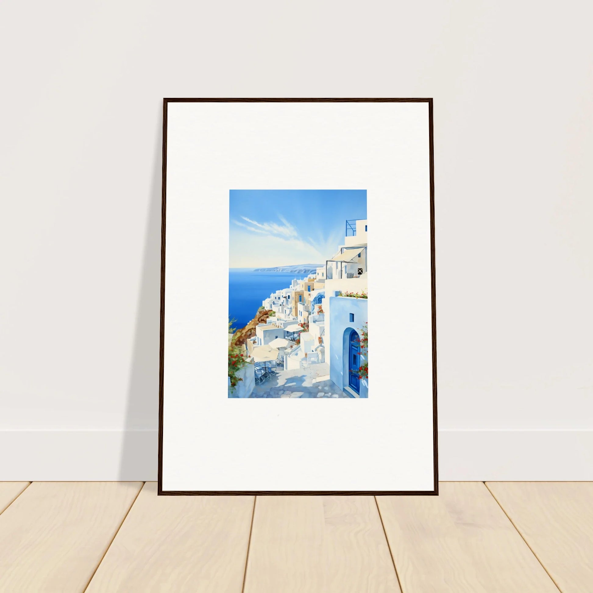 Framed art of Santorini’s white buildings complementing Mediterranean Serenity Remastered