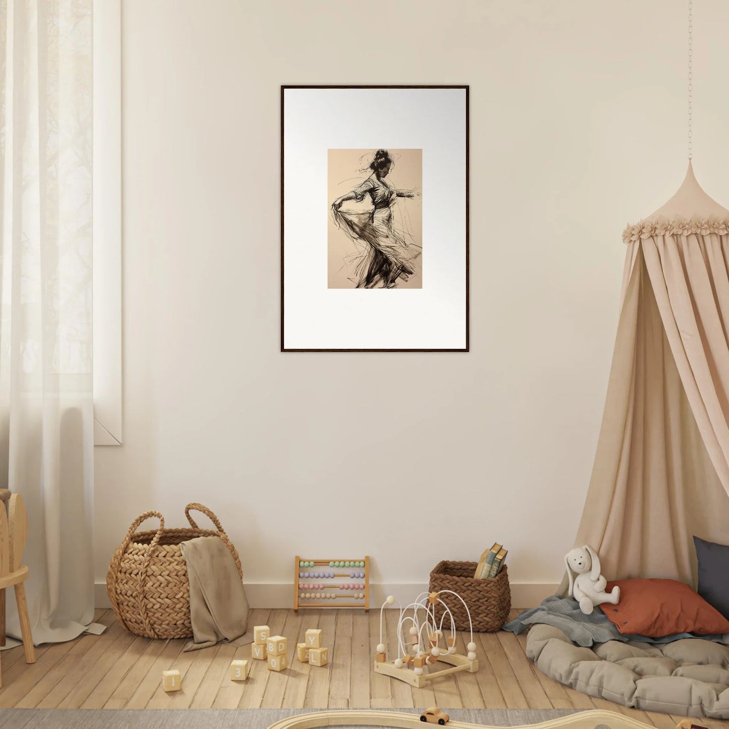 Framed vintage-style artwork of a figure in motion for Ephemeral Whirling Arcade