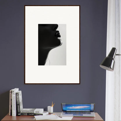 Black and white silhouette profile in a simple frame, Shadowed Whisper Immanence artwork