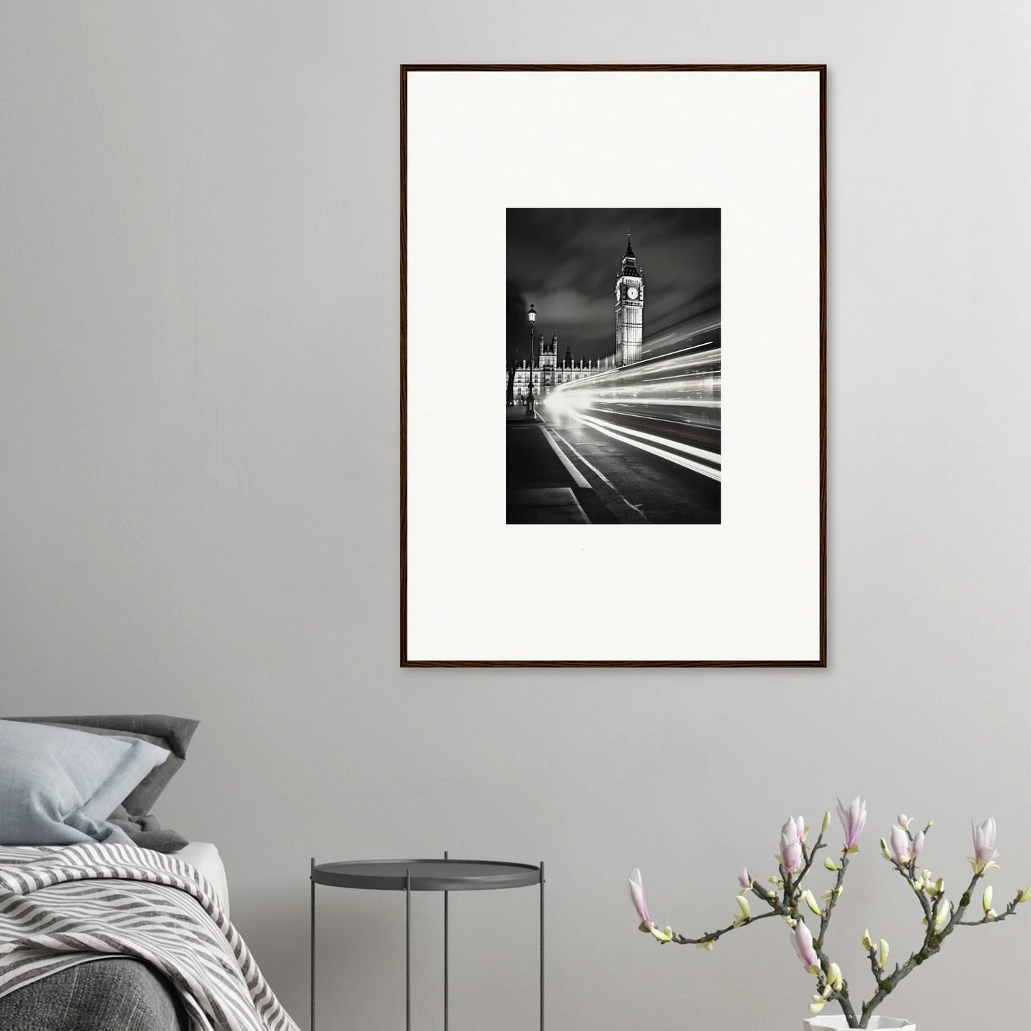 Framed black and white photo of Big Ben with light trails in a premium framed wall art