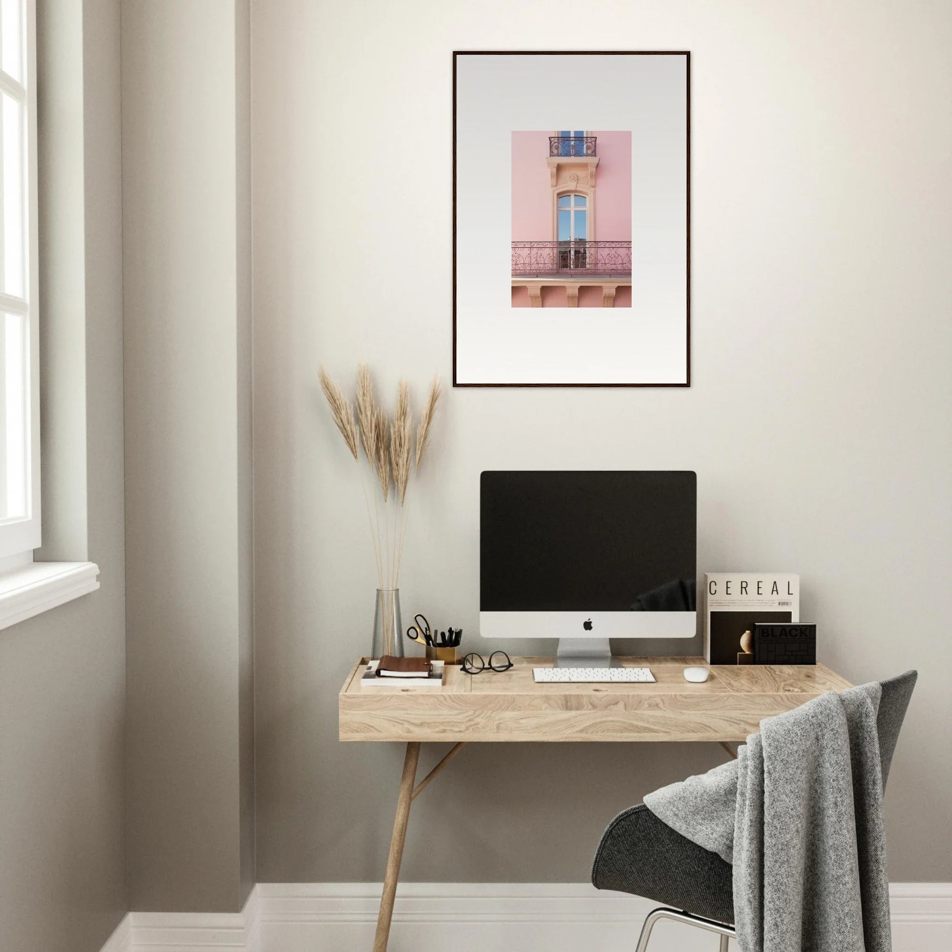 Minimalist wooden desk with iMac and Dusky Dream Balustrade framed wall art