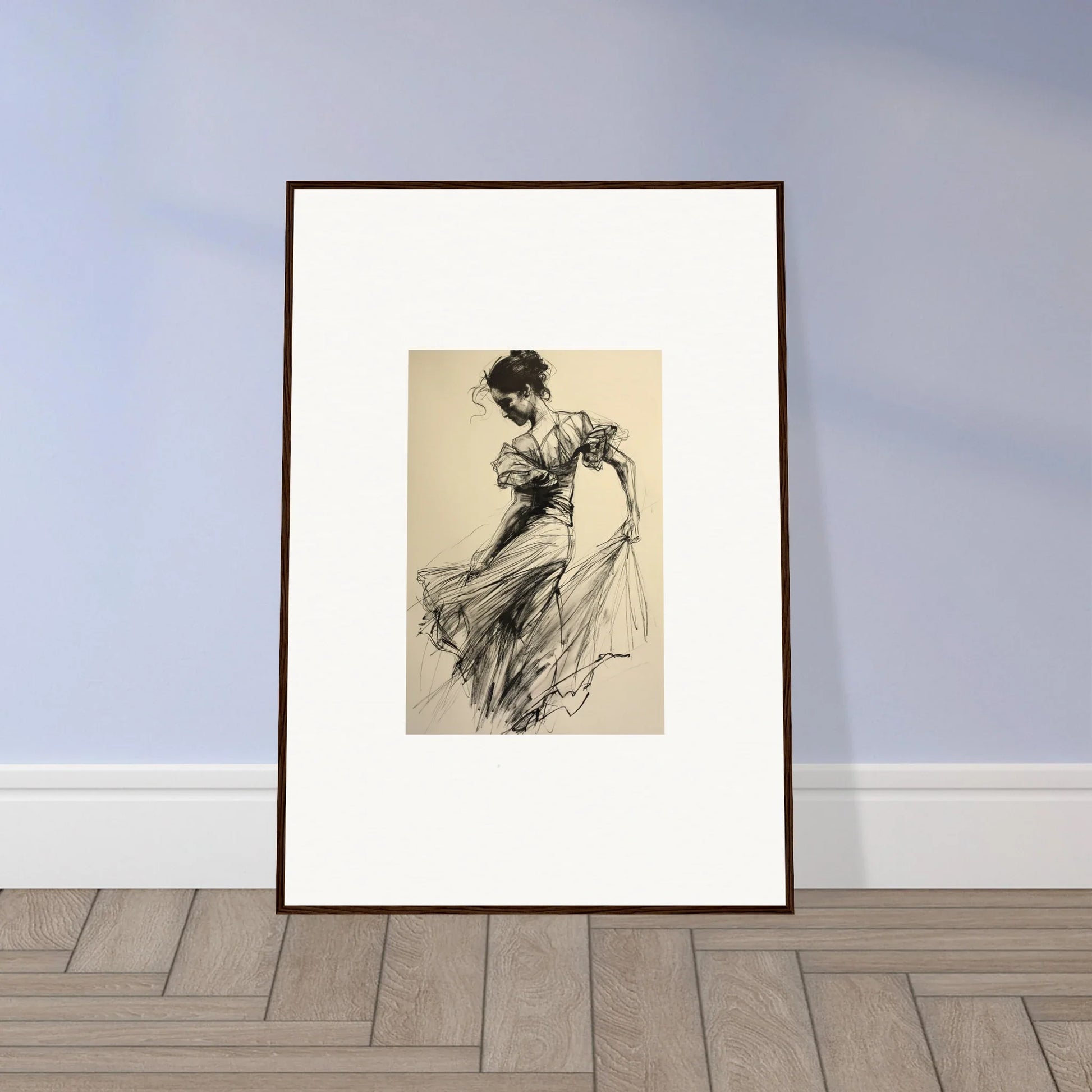 Framed black and white sketch capturing ethereal pause beneath in dynamic movement