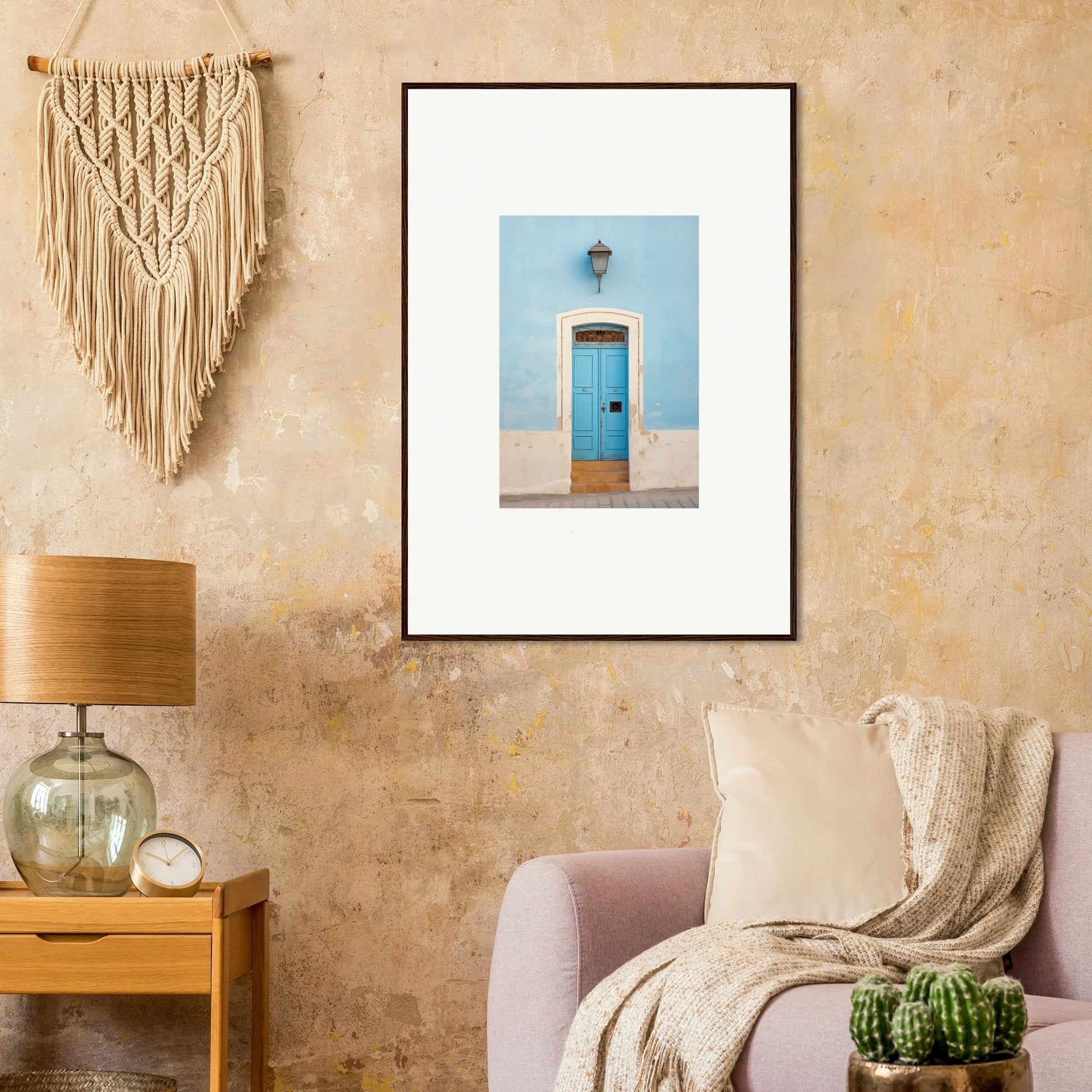 Framed wall art featuring a surreal azure Vesaurrezz light blue door on white wall