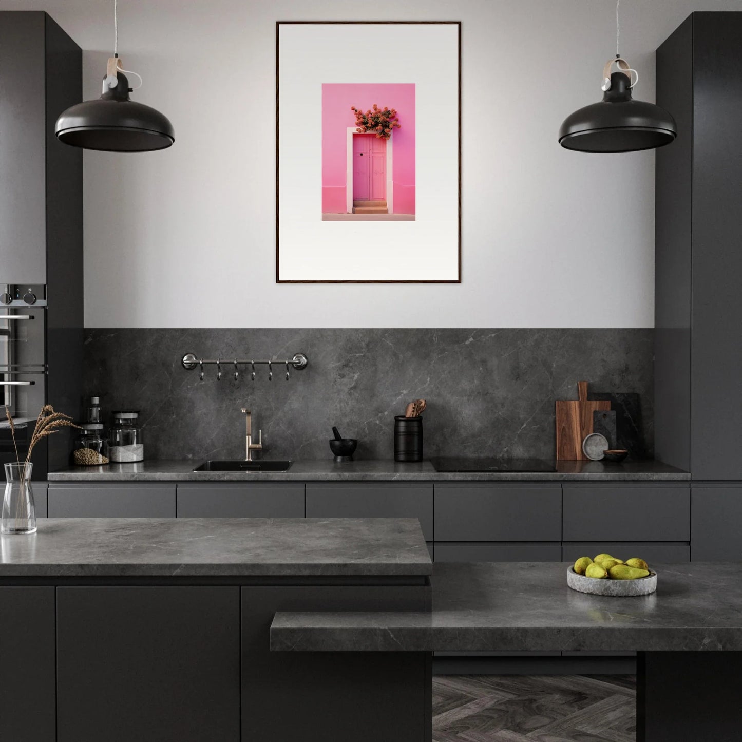 Modern dark gray kitchen with Quantum Pink Serenade framed wall art and industrial lights