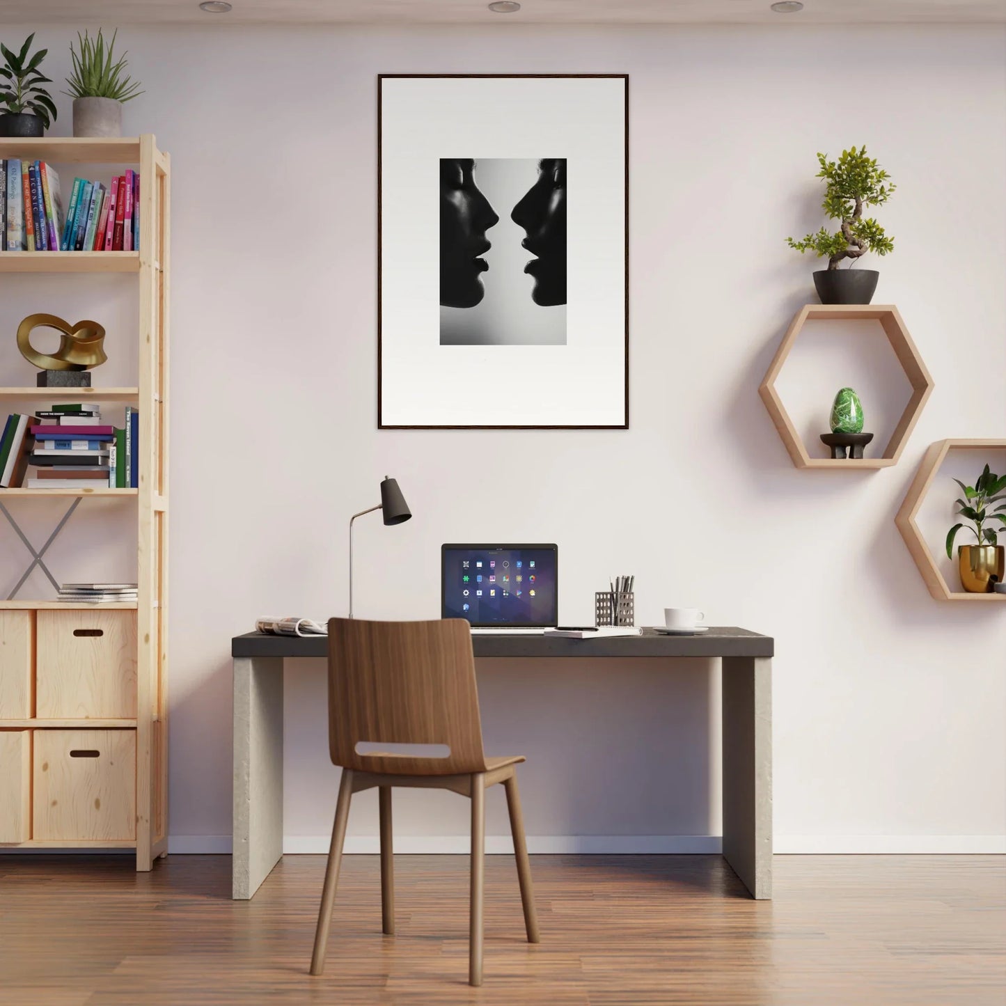 Modern minimalist workspace featuring Symbiotic Echoes Flutter art on premium framed wall