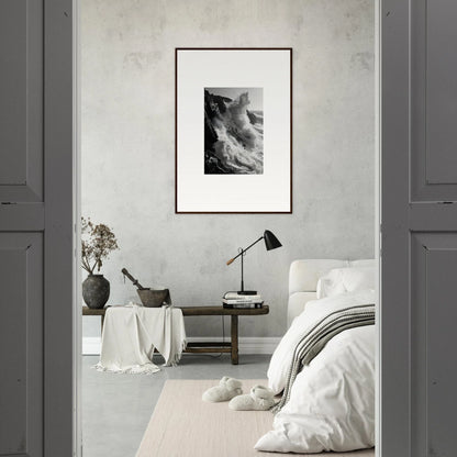 Monochromatic bedroom with minimalist decor featuring Tempest Winks Reverie artwork