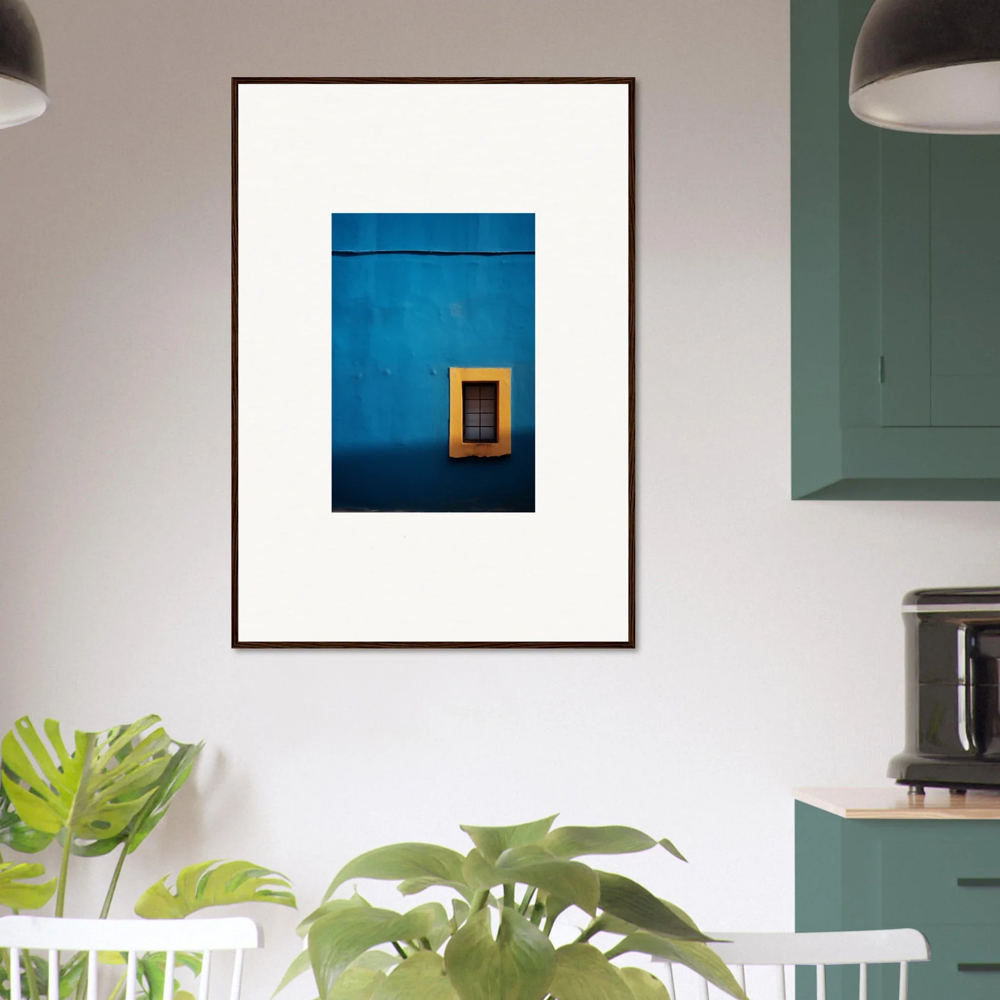 Framed photo of a bright blue wall with a yellow door from Hypercolor Dreamscape Longitude