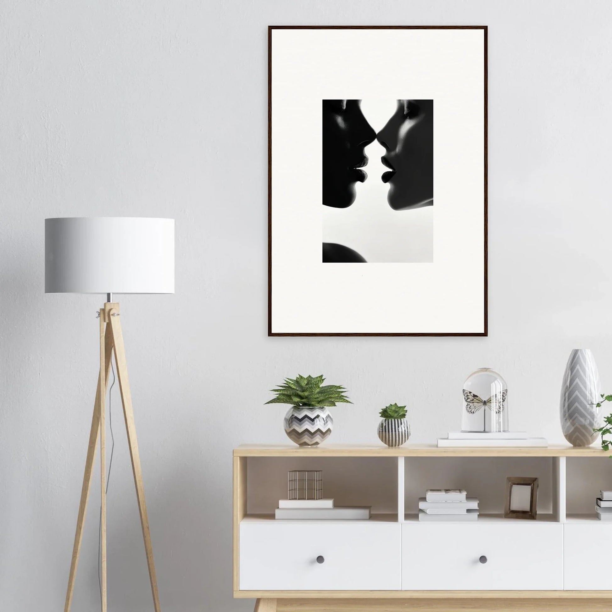 Black and white silhouette of two profiles about to kiss in a premium framed wall art