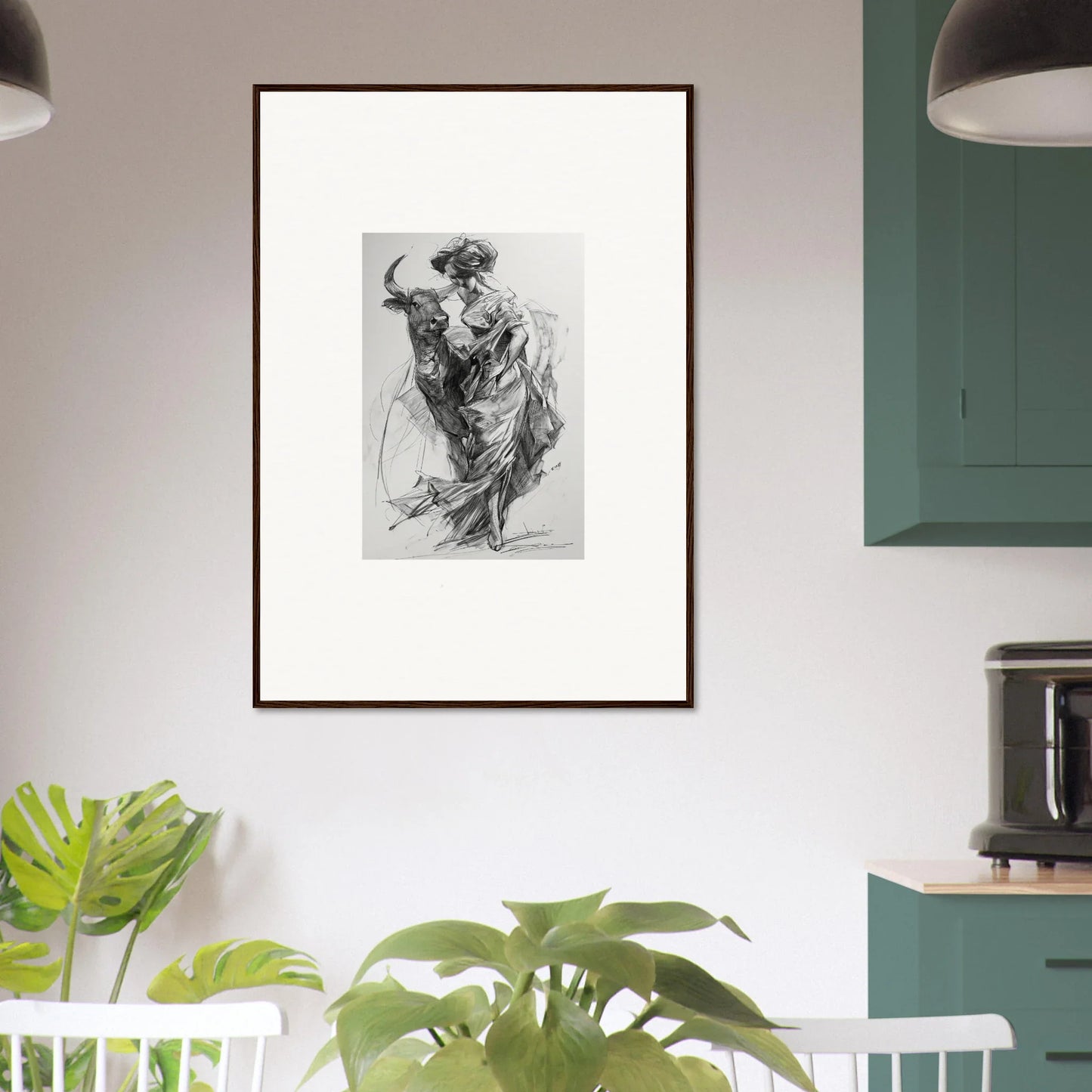 Framed black and white sketch of a flowing figure from Ebullient Abstract Liaisons