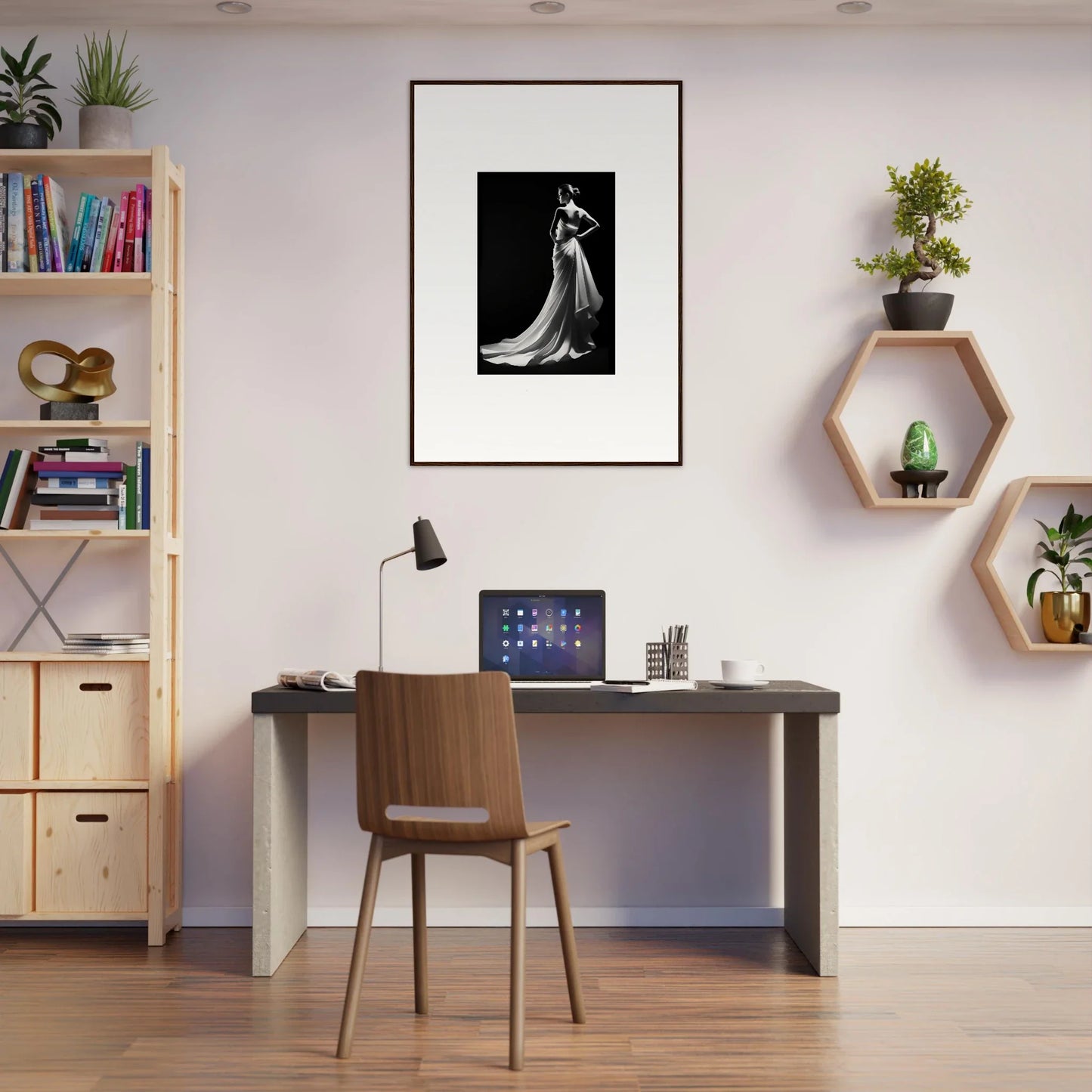 Modern home office featuring Ephemeral Grayscale Elegance with dark desk and unique decor