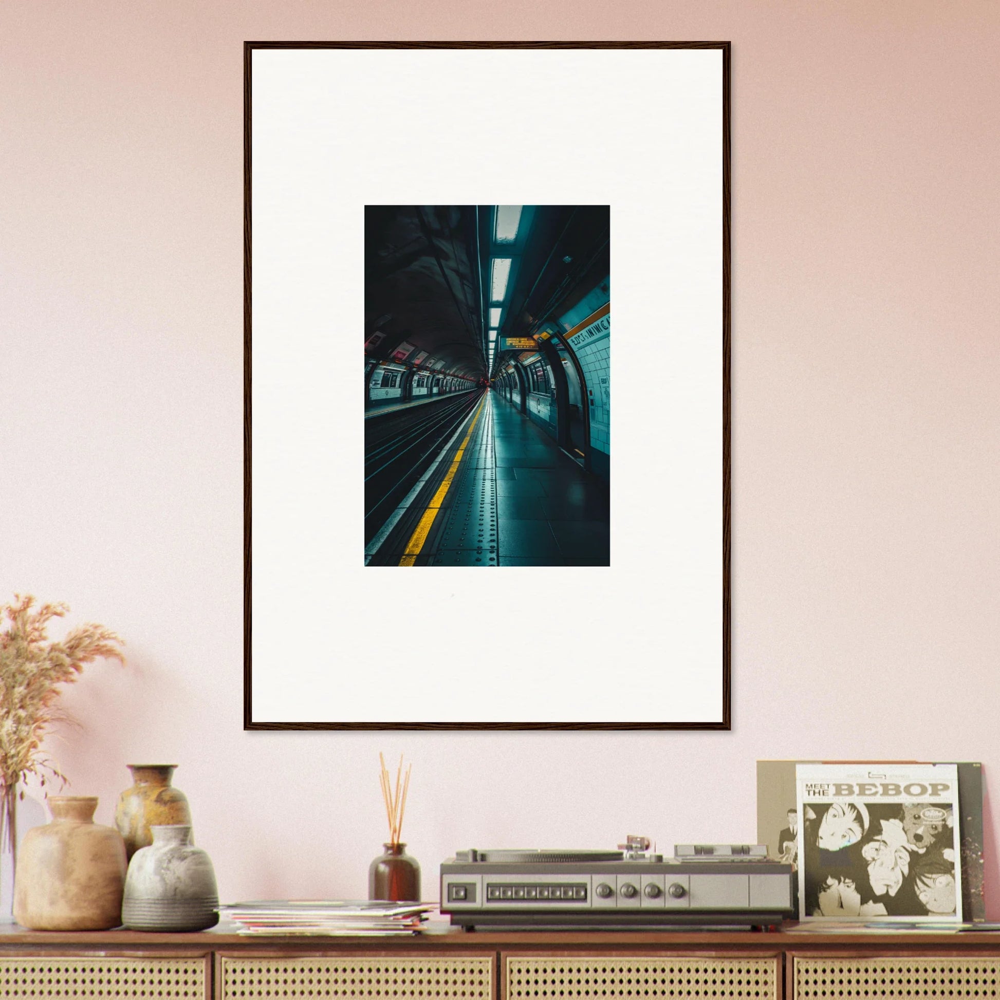 Framed photograph of a subway tunnel with blue lighting in Portal Echo Anatomy art