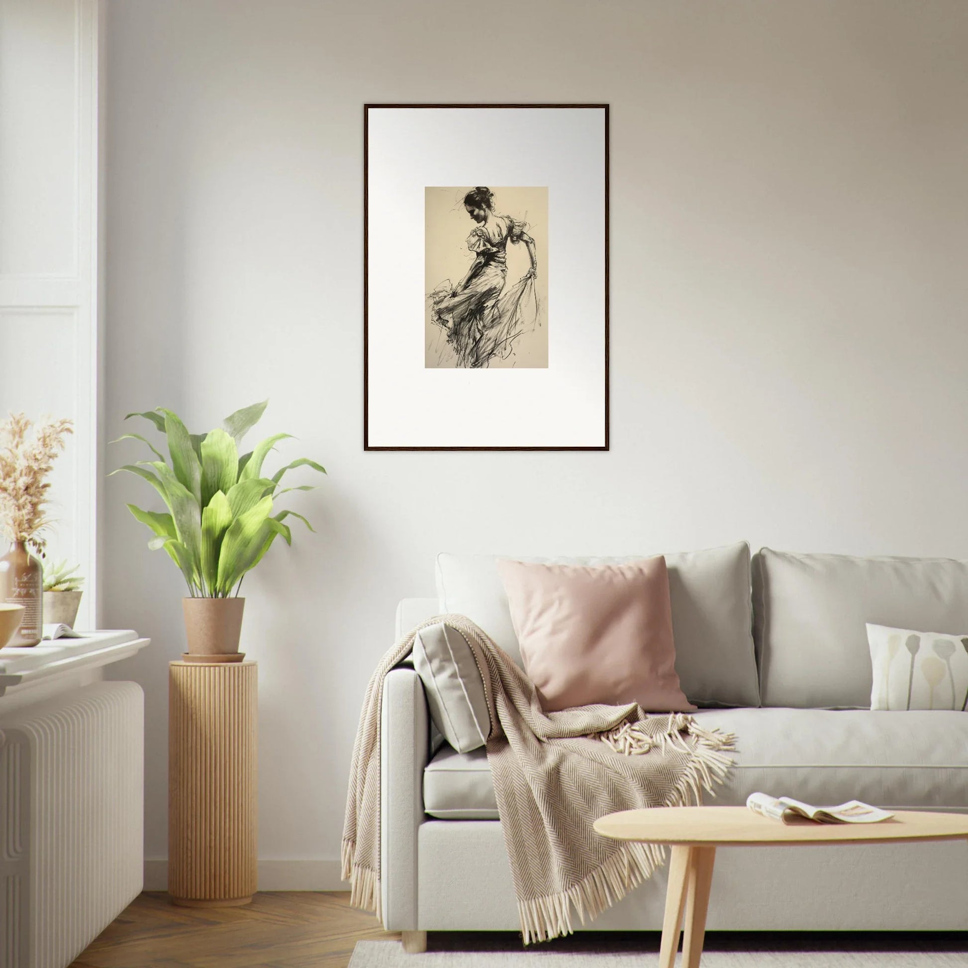 Framed black and white sketch art of Gyroscopic Baudelo Bacon on a wall