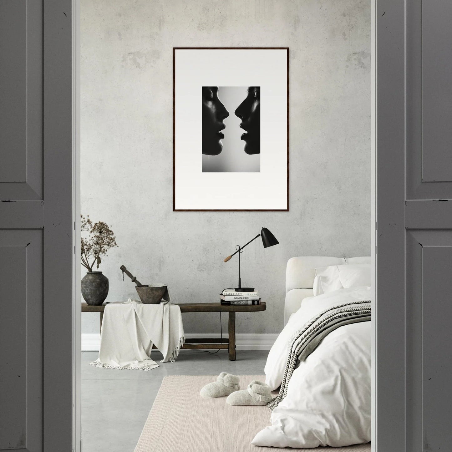 Minimalist black and white silhouette art of profiles for Echo’s Embrace special edition art™