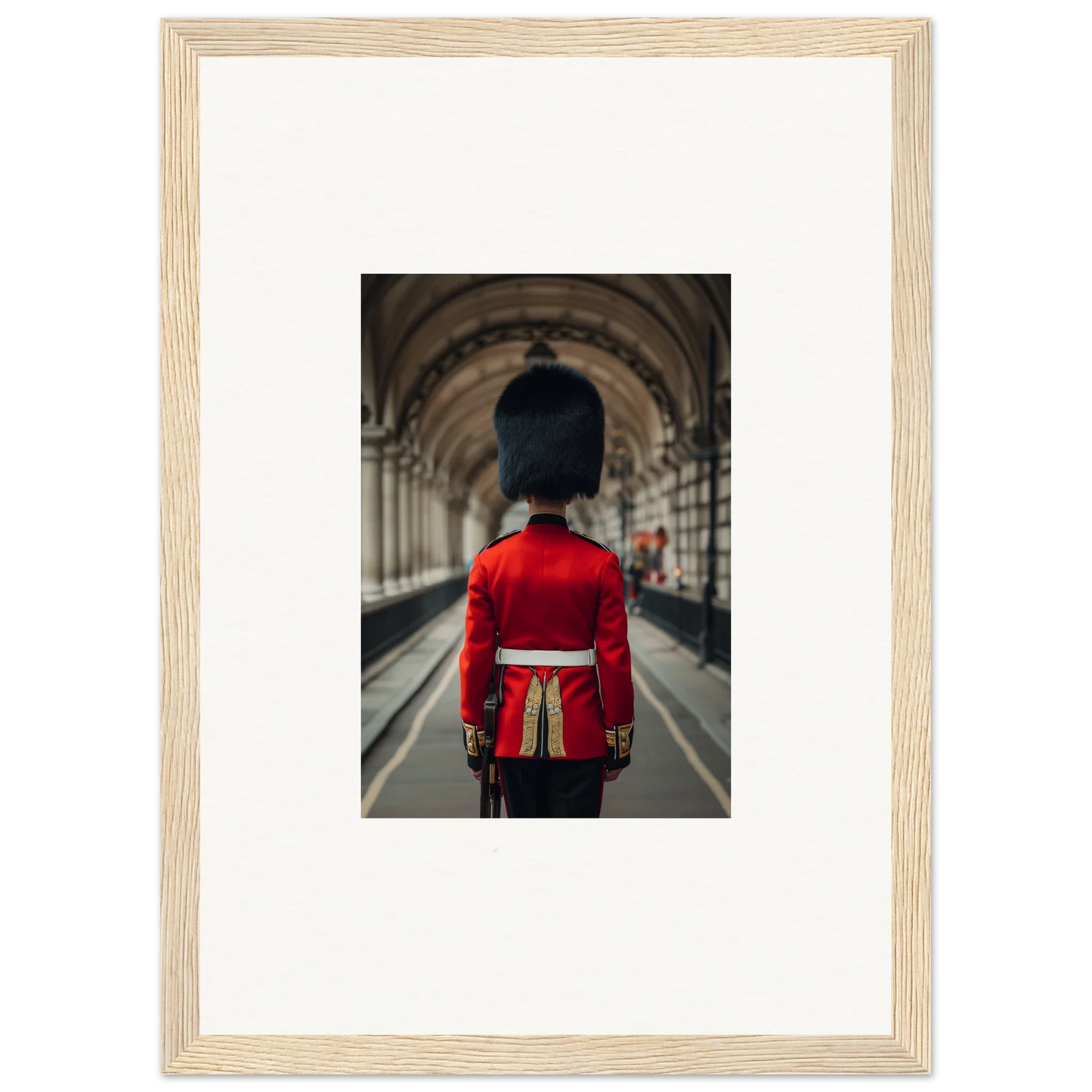 Royal guard in red uniform and bearskin hat from Scarlet Temporal Century framed art