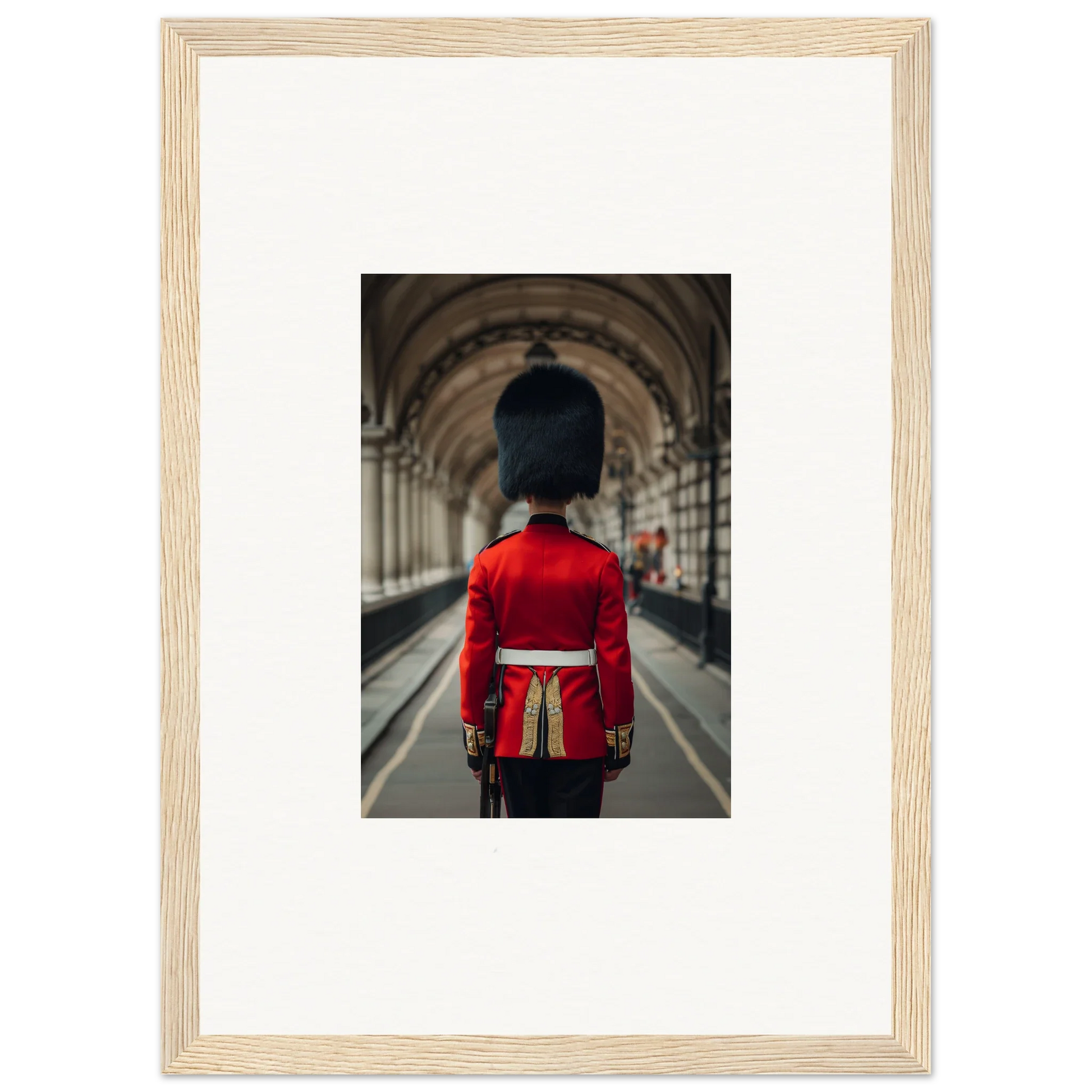 Royal guard in red uniform and bearskin hat from Scarlet Temporal Century framed art