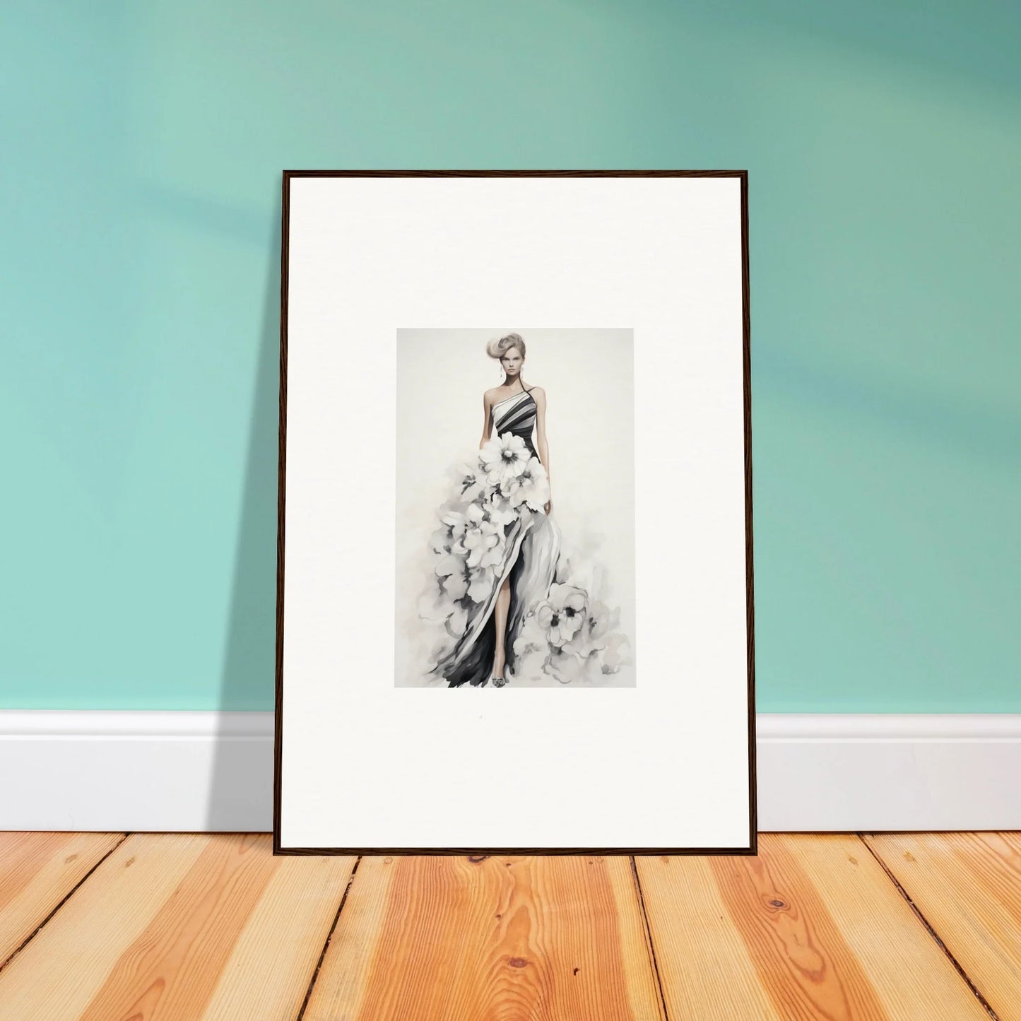 Framed black and white illustration of Dreamy Blossom Mirage elegant floral gown