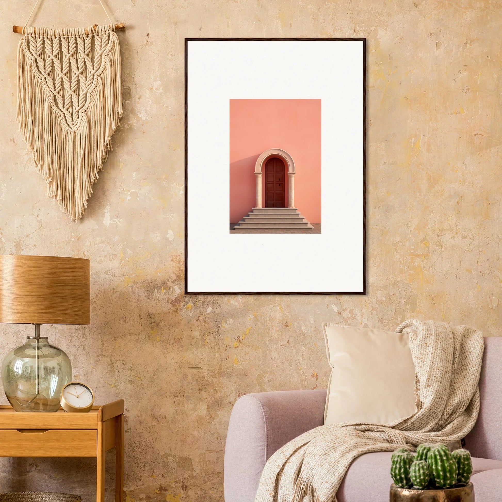 Framed art print of a pink archway leading to an Ethereal Sunset Gateway