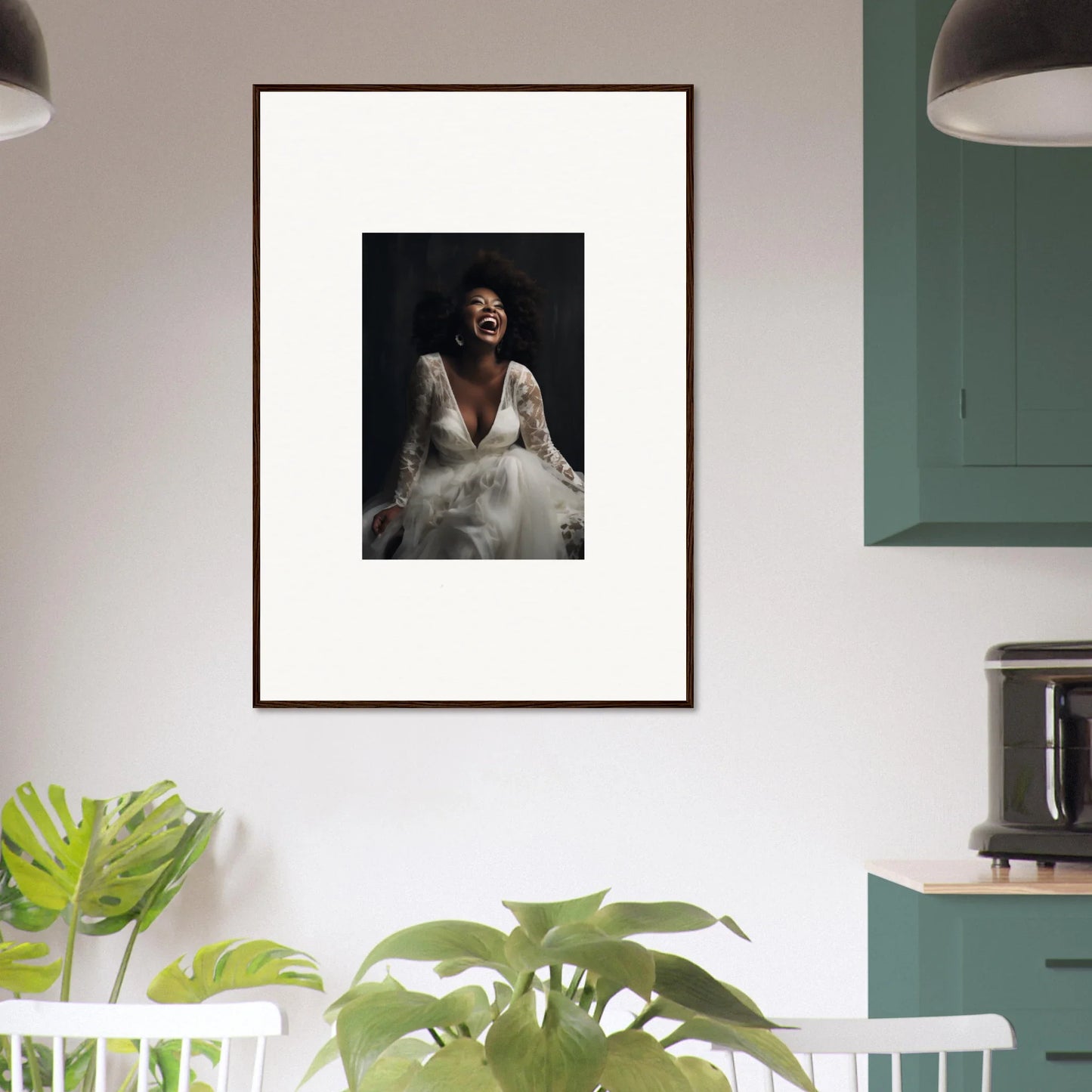 Framed black and white portrait art on a white wall from Timeless Essence Laughter