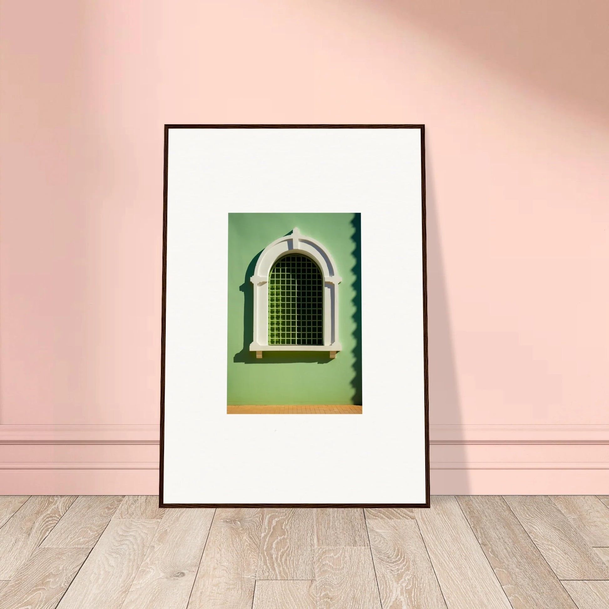 Framed Visible Equilibrium Window with arched design on mint green wall, art to love