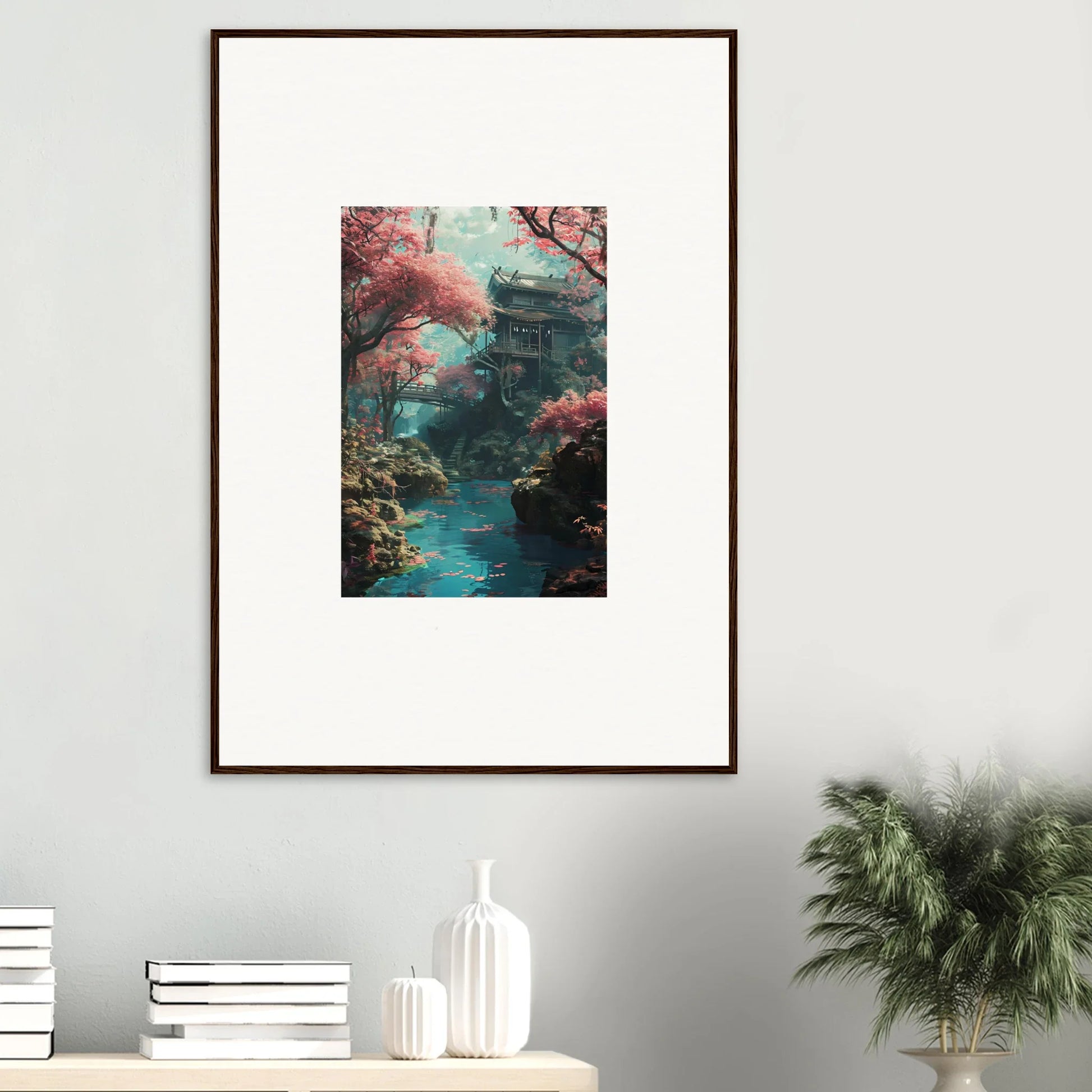 Framed wall art of a Japanese pagoda with cherry blossoms in Magenta Spirals Oscillate