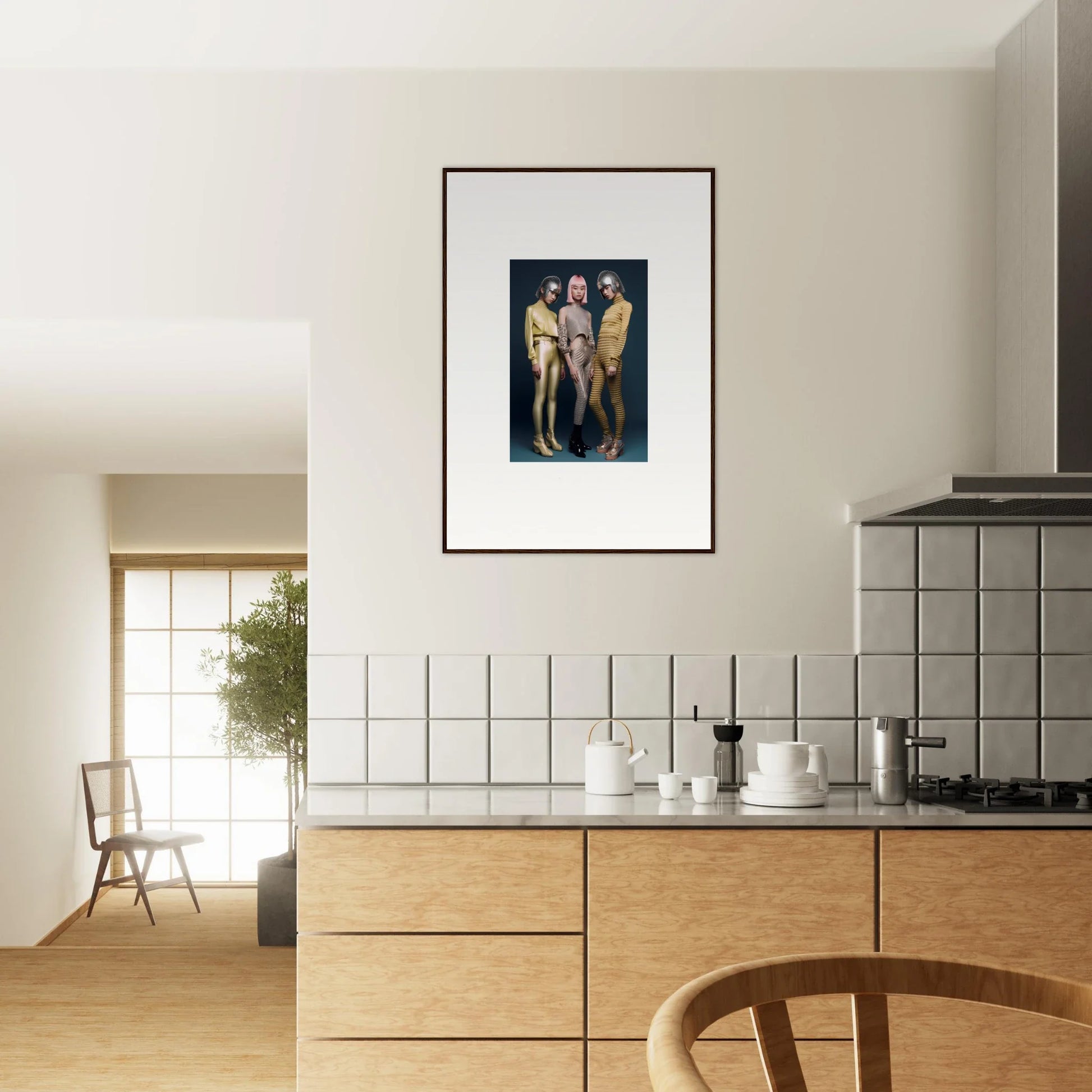 Framed wall art from Galactic Fashion Paradigm above a kitchen counter on white wall