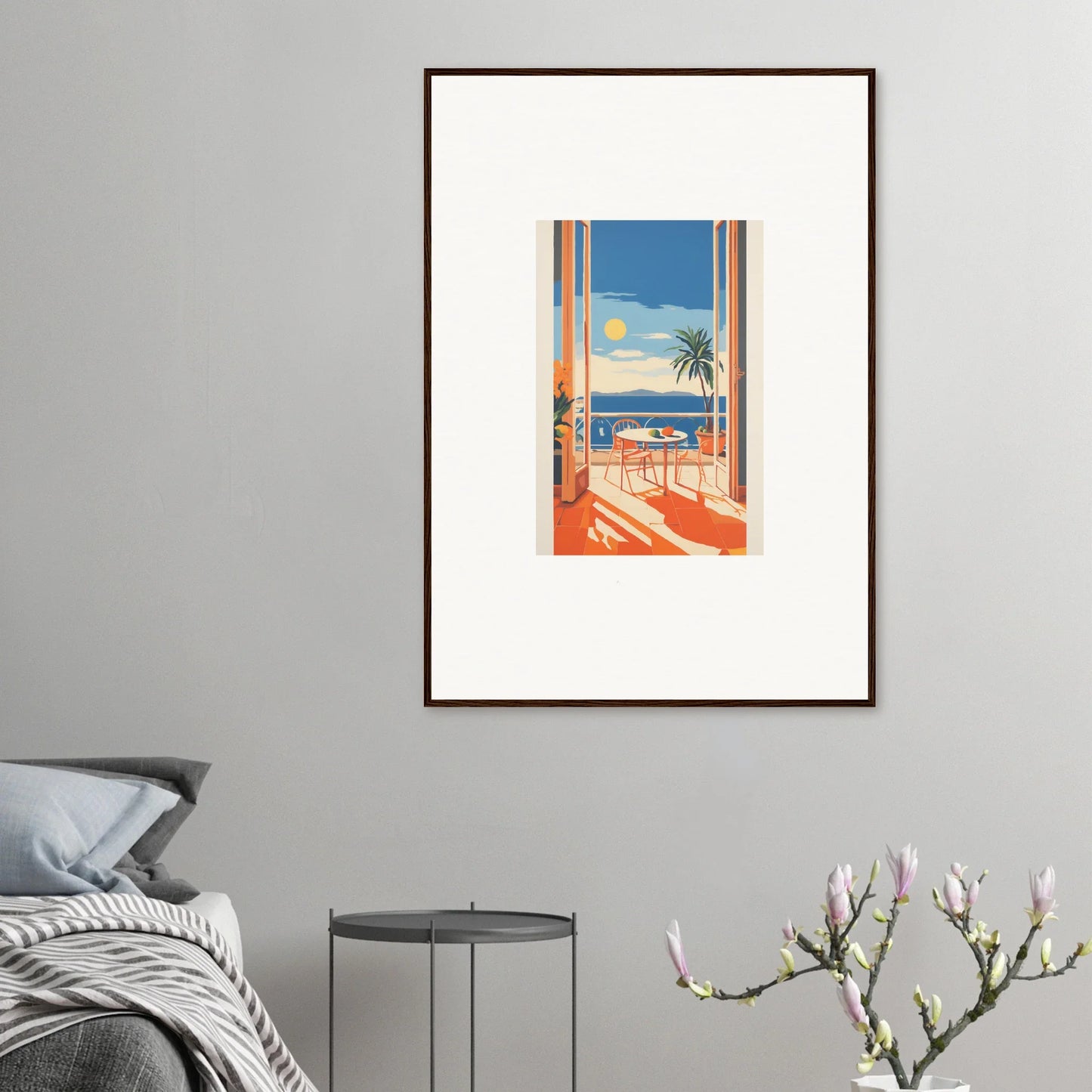 Framed poster of a sunny coastal balcony view for Tranquil Mirage Brunch special edition art™