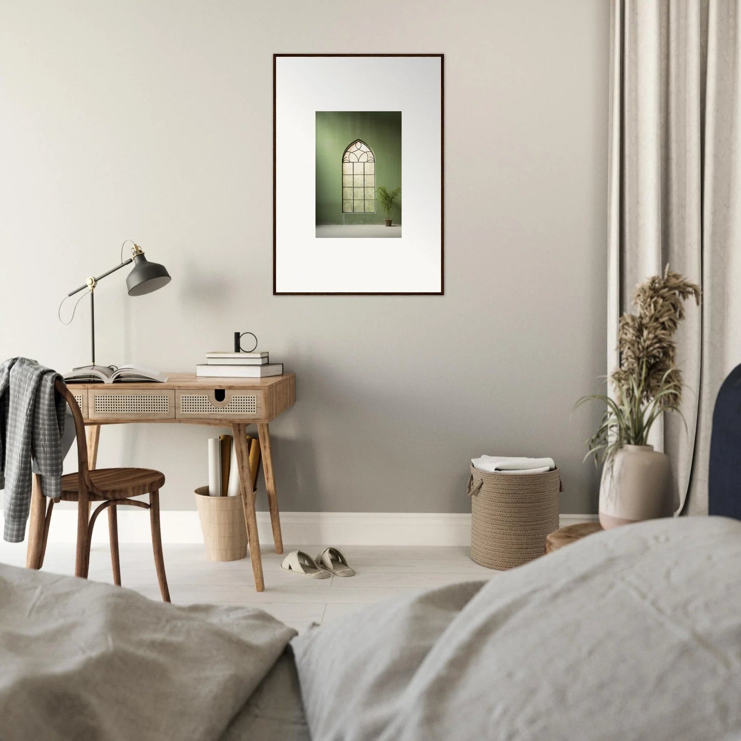 Framed artwork of an arched window in green tones from Green Crescent collection