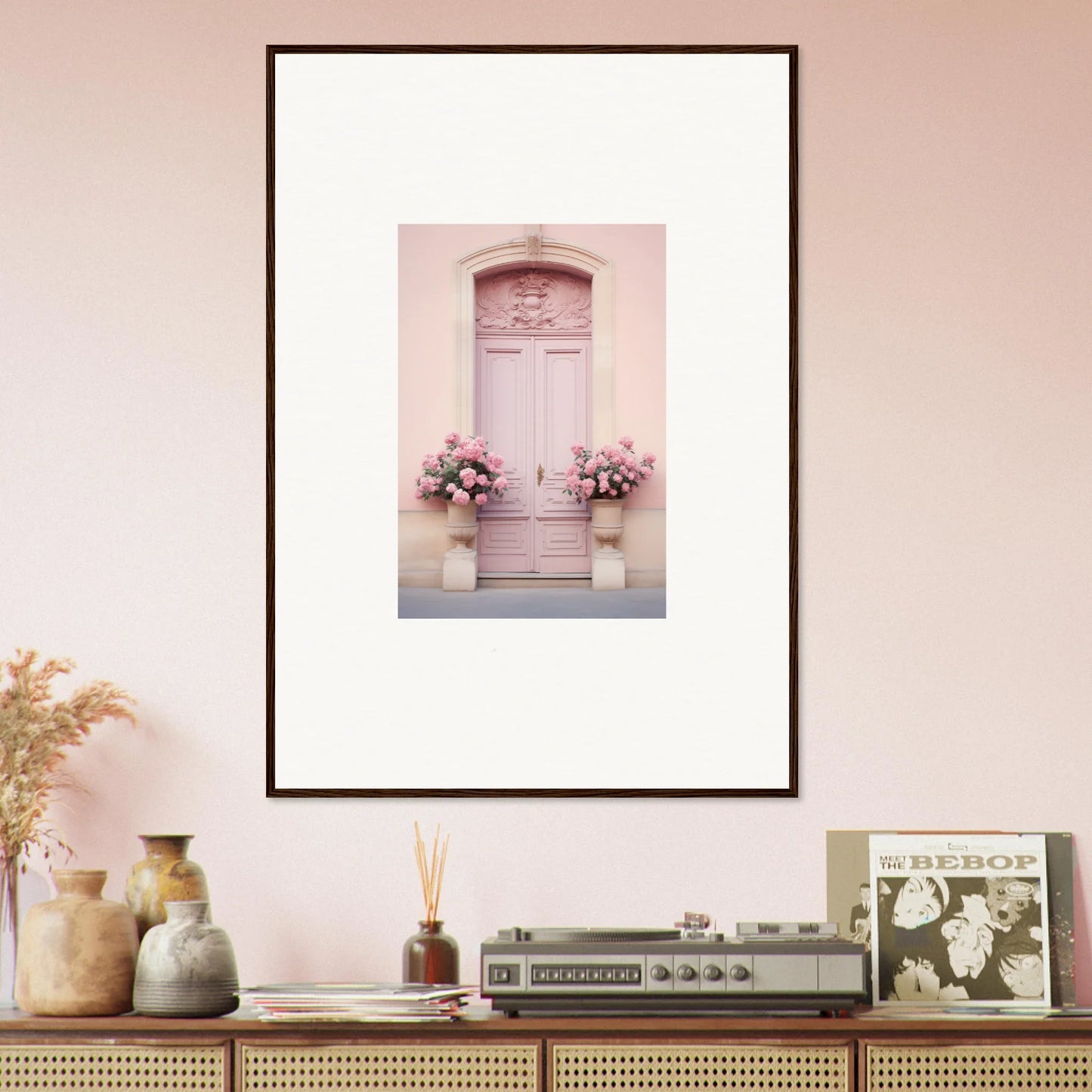 Framed wall art of a pink door with floral planters, Rosy Cosmos Gateway design