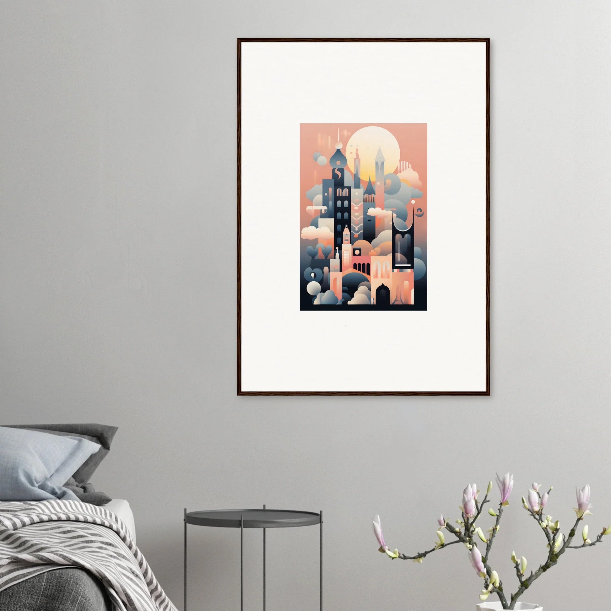 Framed art print of Ephemeral Castle Whispers with a peachy sunset cityscape