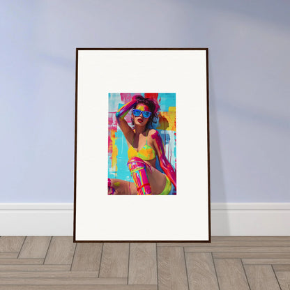 Framed canvas print of a woman in vibrant summer attire, perfect for room decoration