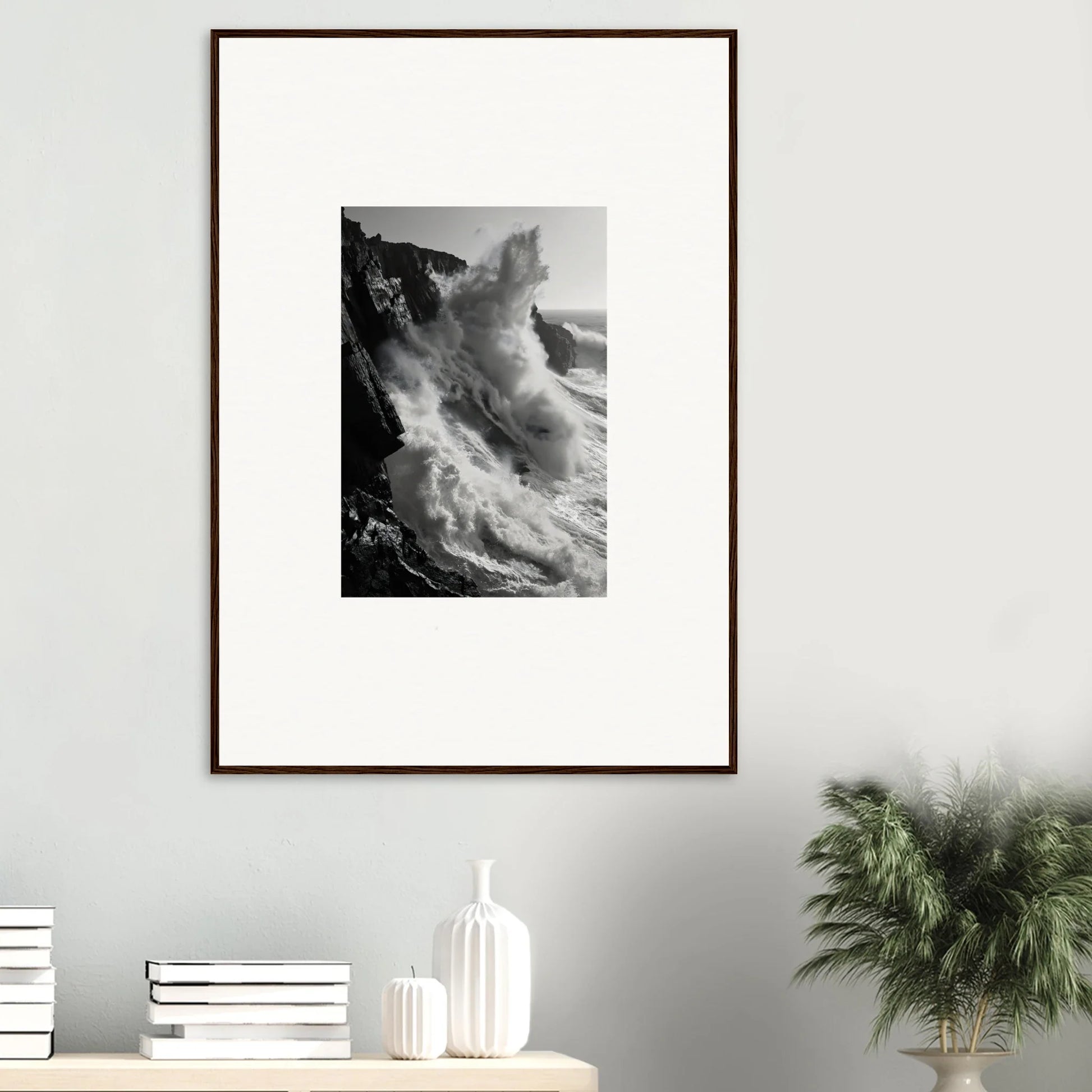 Framed black and white image of waves crashing, Tempest Winks Reverie special edition art™