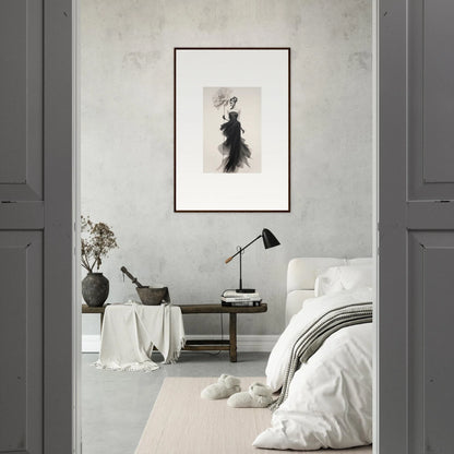 Monochromatic bedroom with minimalist decor and Opulent Reverie Lyrisans art piece