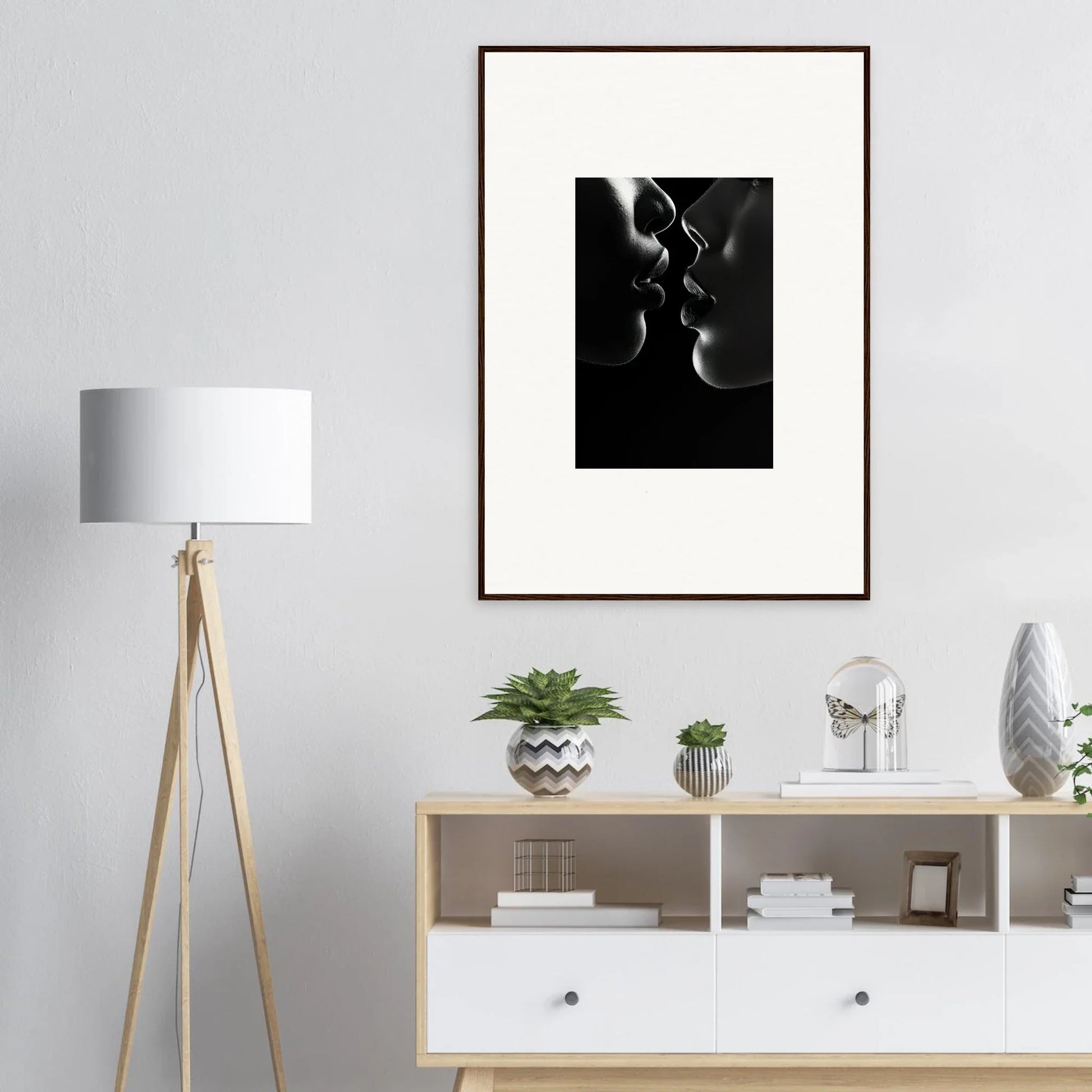 Framed black and white art of silhouettes in an intimate pose for Midnight Kiss Darkness